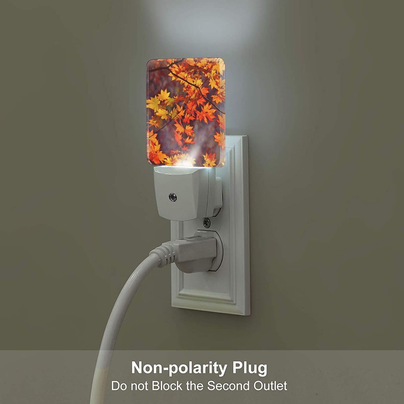 Autumn Maple Leaf LED Night Light Set of 2 - Auto Sensor Dusk to Dawn Plug-in Nightlight for Bedroom, Bathroom, Hallway - Energy Efficient Decorative Lighting for Fall Home Decor (Perfect for Nursery, Stairs & Cozy Autumn Ambiance)