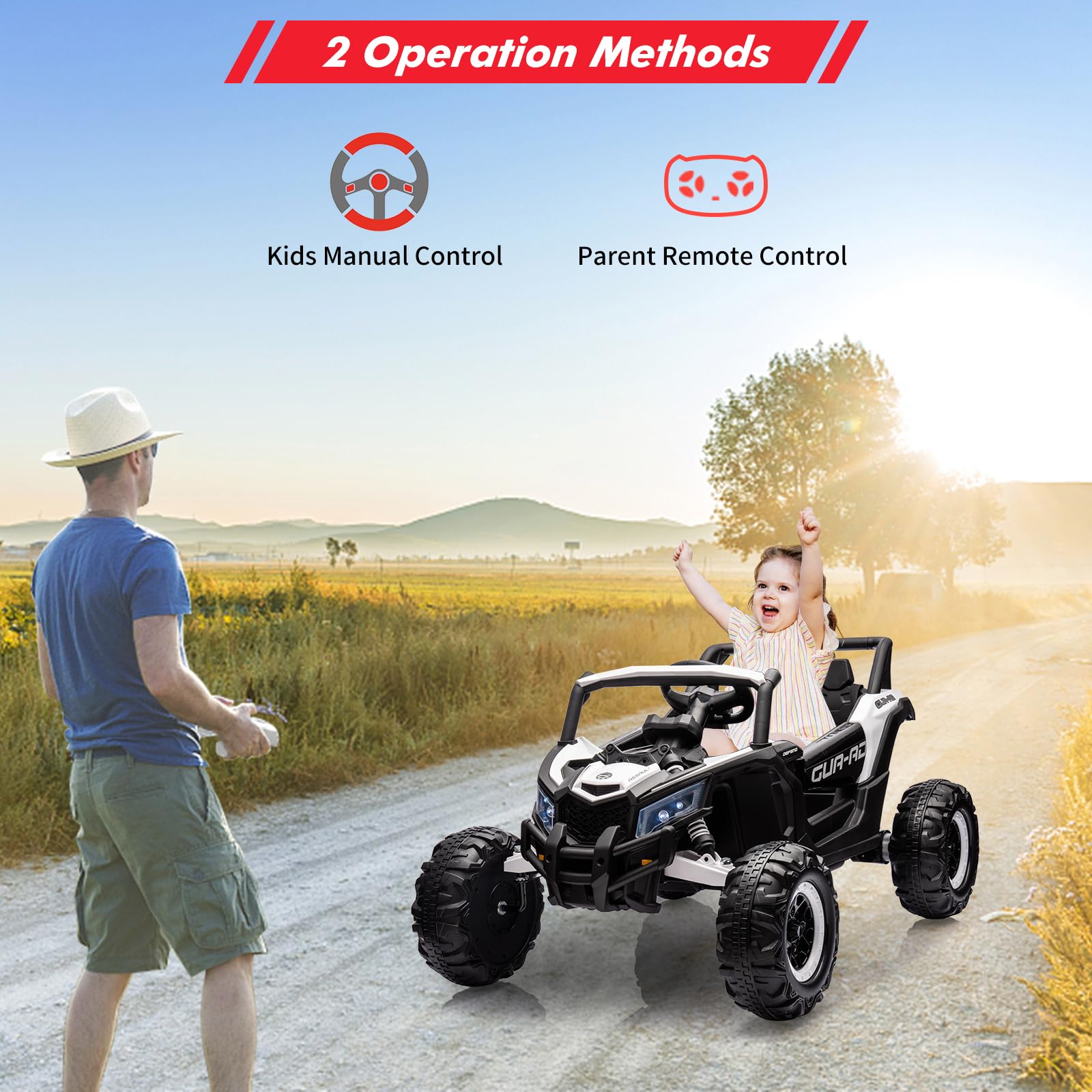 GARVEE 24V Kids Ride On UTV Car with Remote Control - 200W High Power Motor, Spring Suspension System, Built-in Music & LED Lights - Electric Toy Vehicle for Boys & Girls (White) - Perfect for Outdoor Play, Backyard Adventures & Birthday Gifts