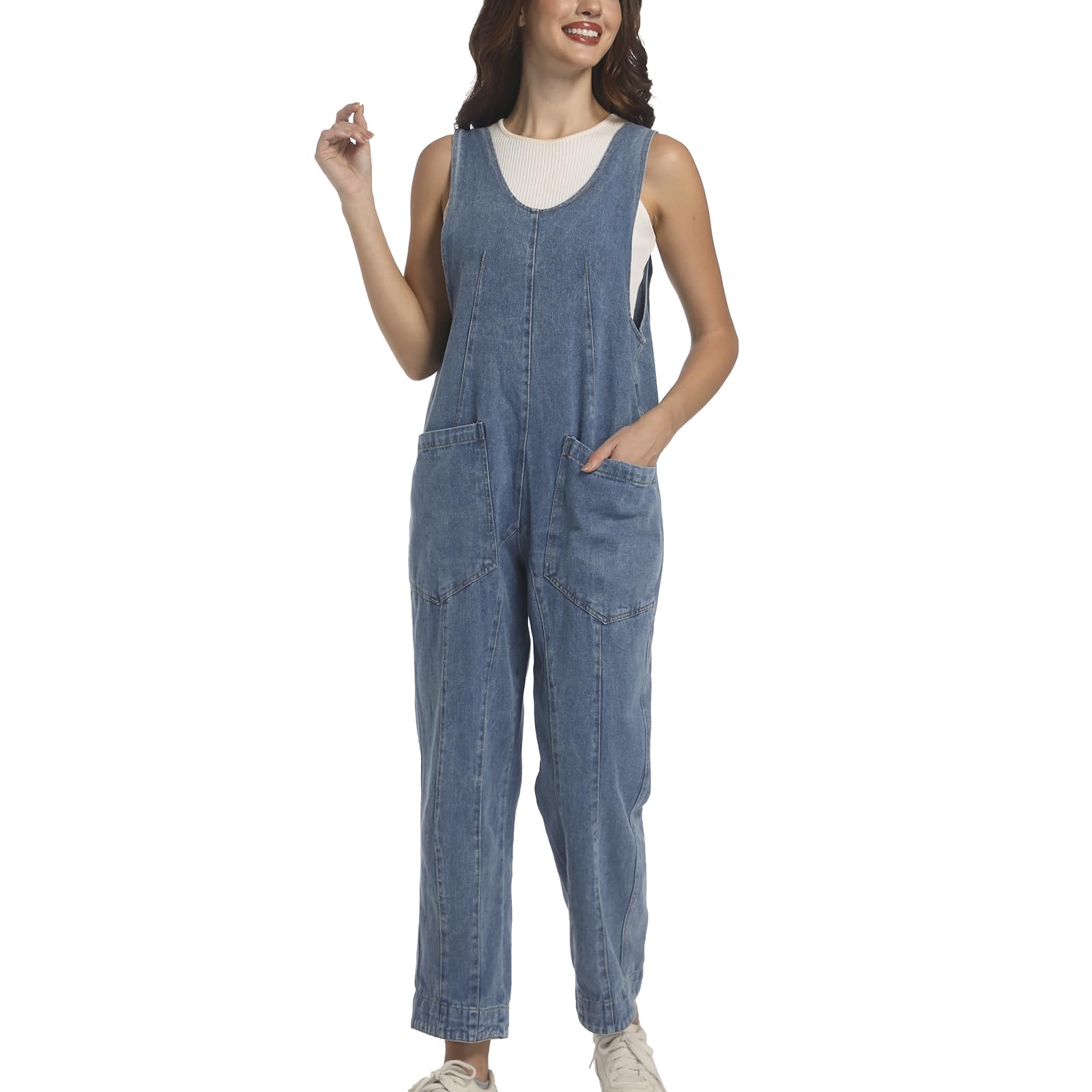 Women's Baggy Denim Jumpsuit with Pockets - Casual Streetwear Outfit