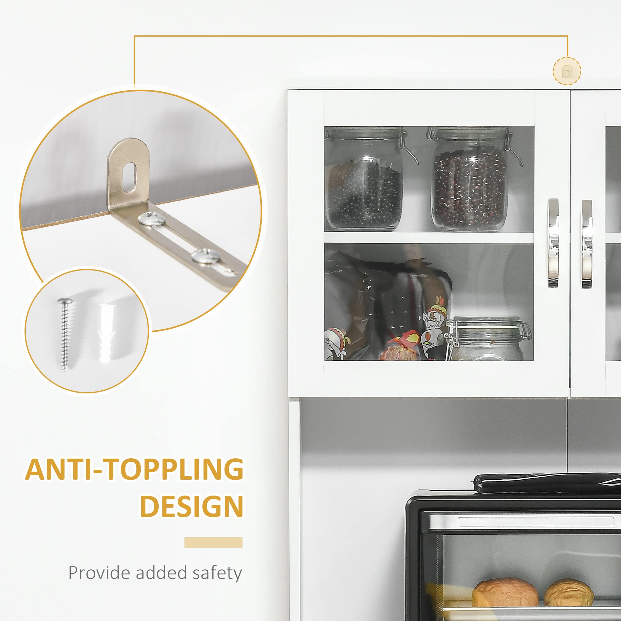 HOMCOM 67 Inch Pantry Cabinet - Modern Kitchen Hutch with Glass Doors, Adjustable Shelves & Drawers, Freestanding Storage Cabinet for Kitchen, Dining Room or Office - White