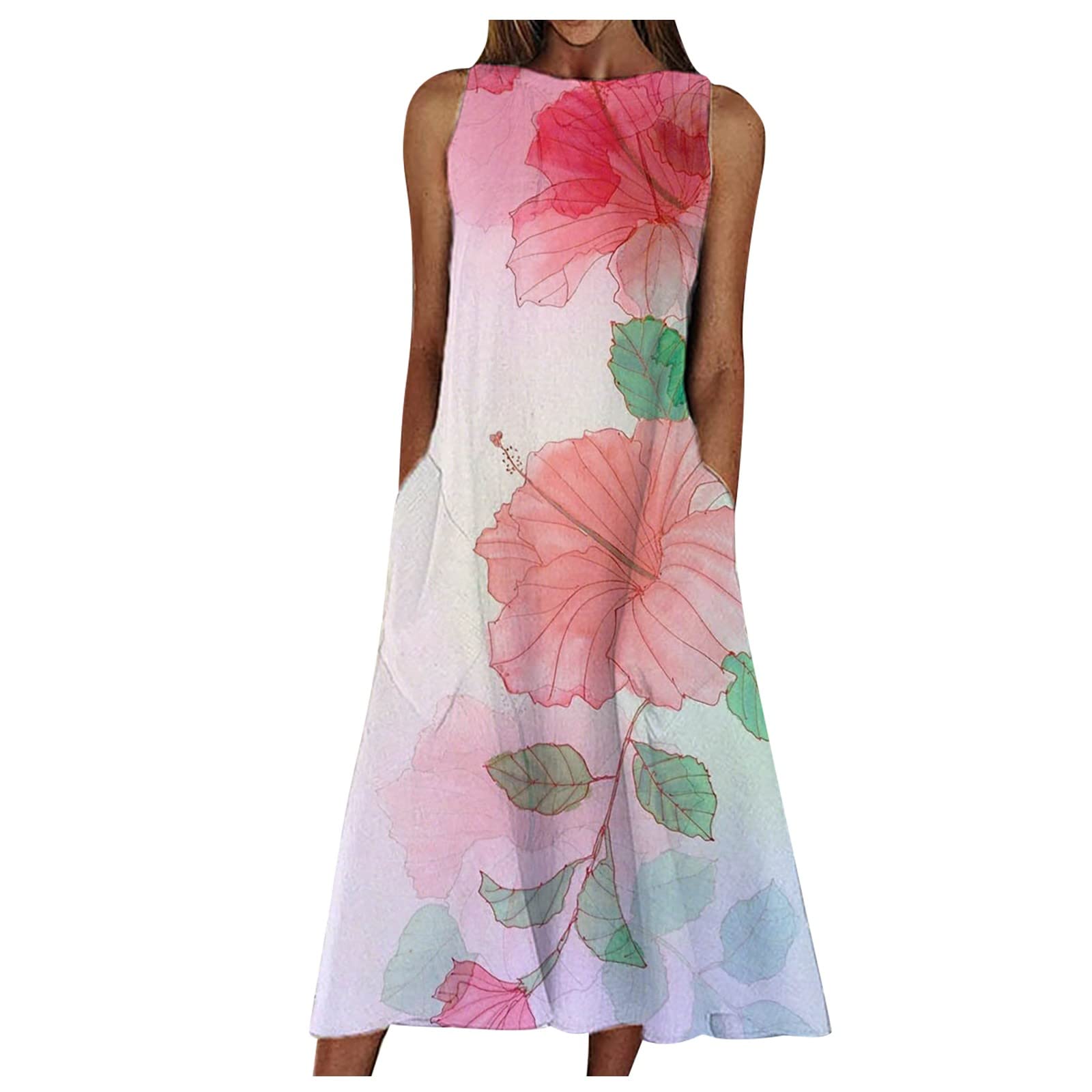 Trendy Floral Print Women's Summer Dress - Crew Neck Sleeveless Loose Swing Casual Beach Dress for Vacation, Party & Outdoor Activities
