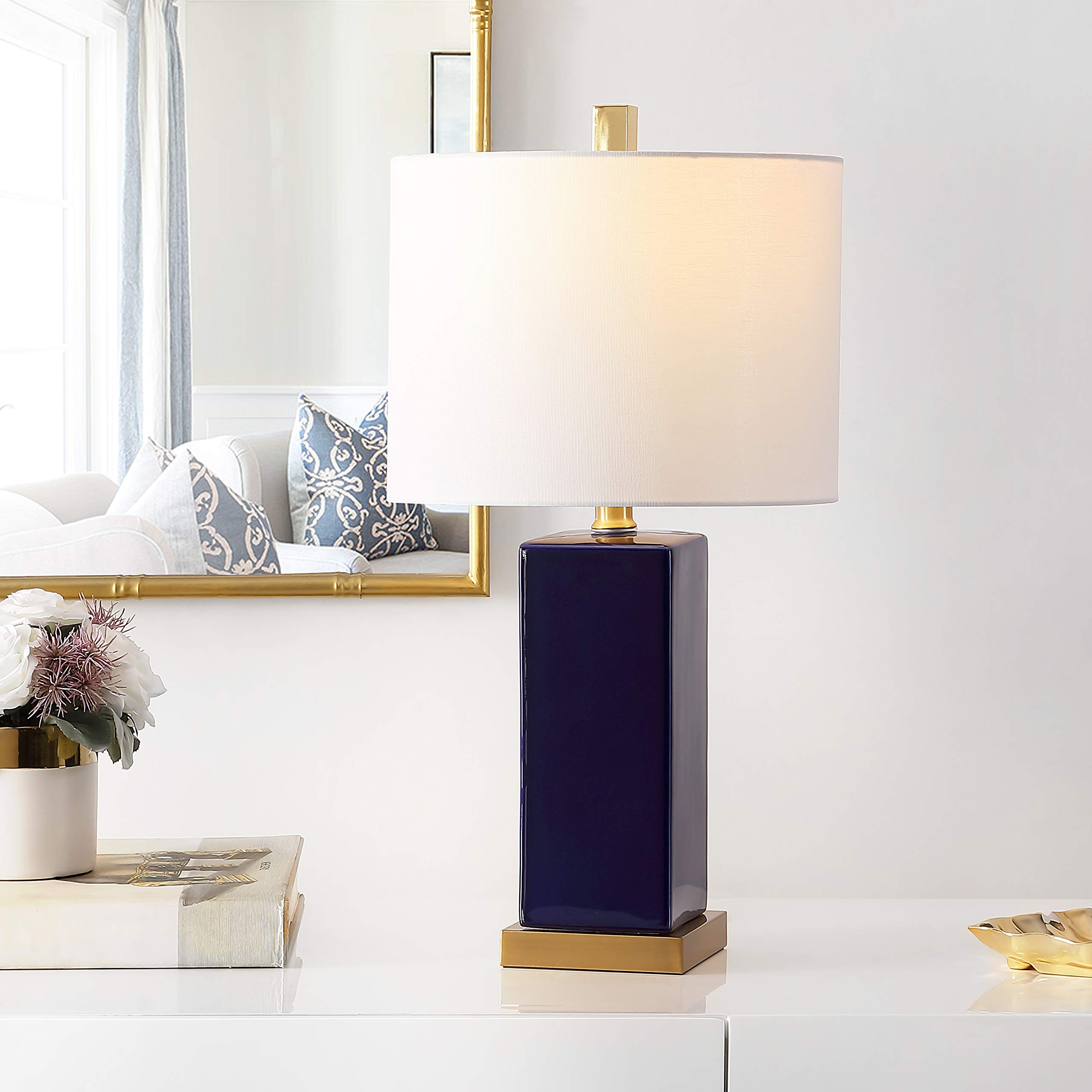 SAFAVIEH Wendi 22-inch Modern Navy Blue Ceramic Table Lamp with LED Bulb - Bedroom, Living Room, Home Office & Nightstand Lighting for Cozy Ambiance