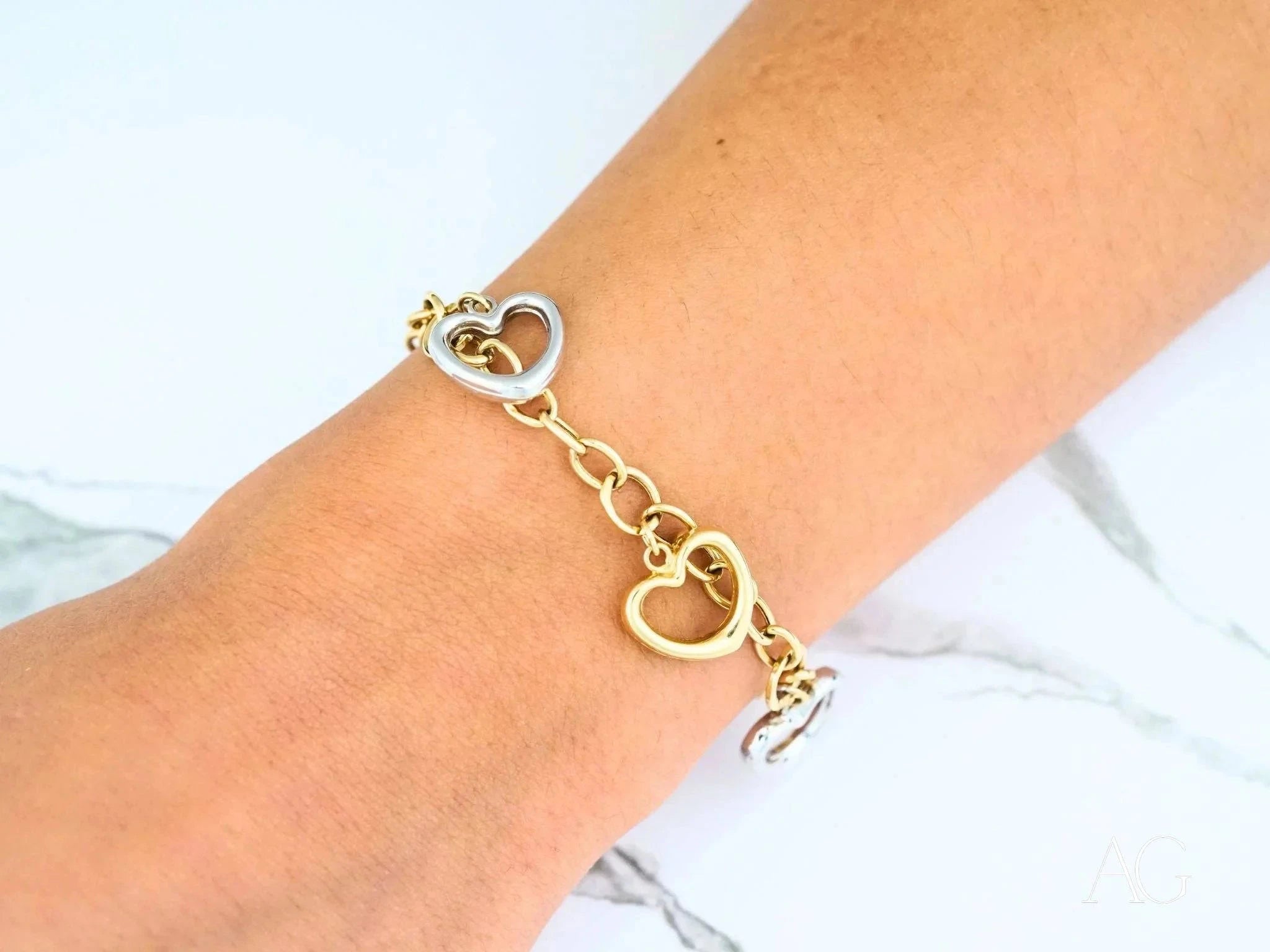 18K Yellow and White Gold Heart Bracelet for Women - Elegant Romantic Jewelry Gift for Valentine's Day, Anniversary & Special Occasions