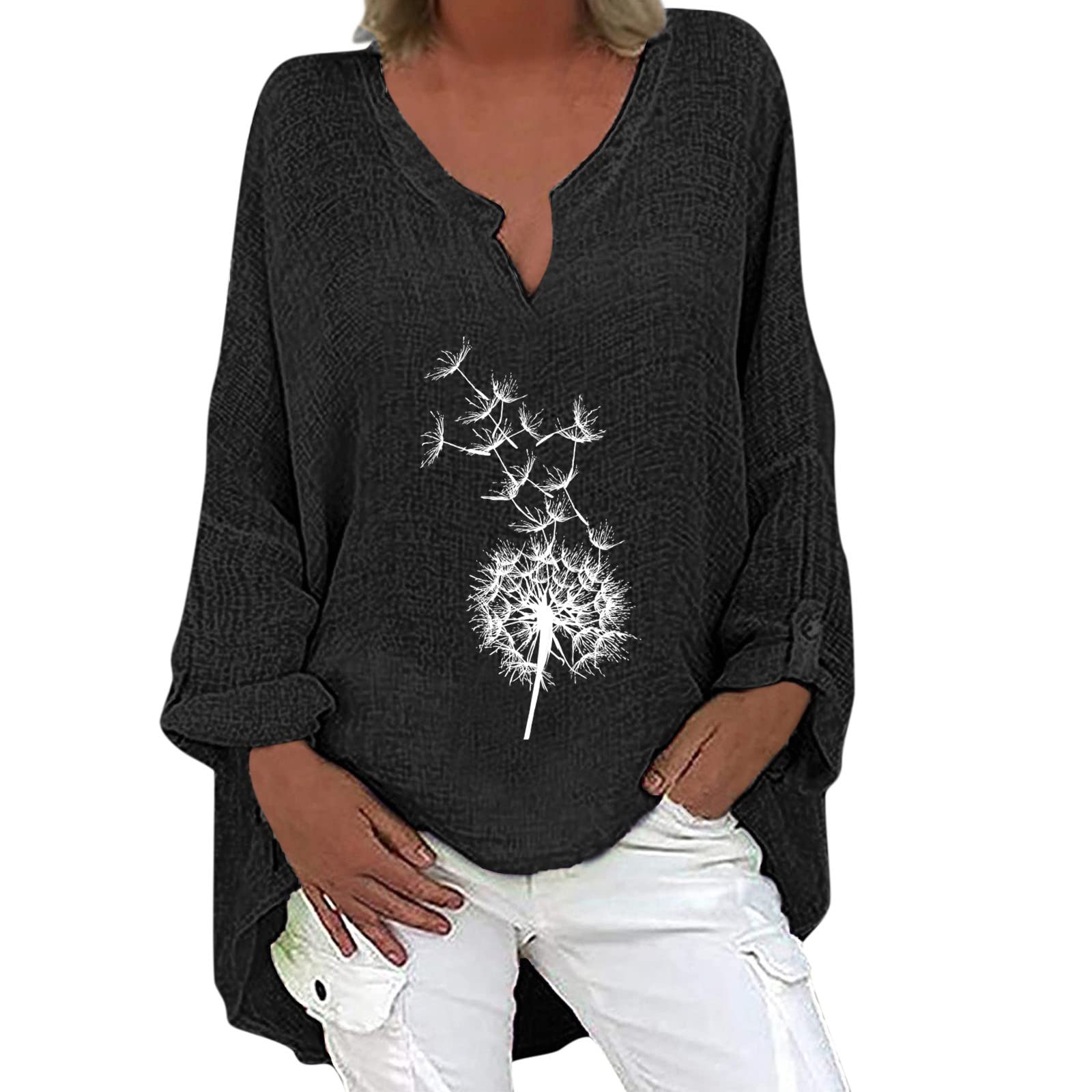 Women's Red Long Sleeve V-Neck T-Shirt with Dandelion Print & Irregular Hem - Casual Tunic Top for Everyday Wear, Work & Date Nights