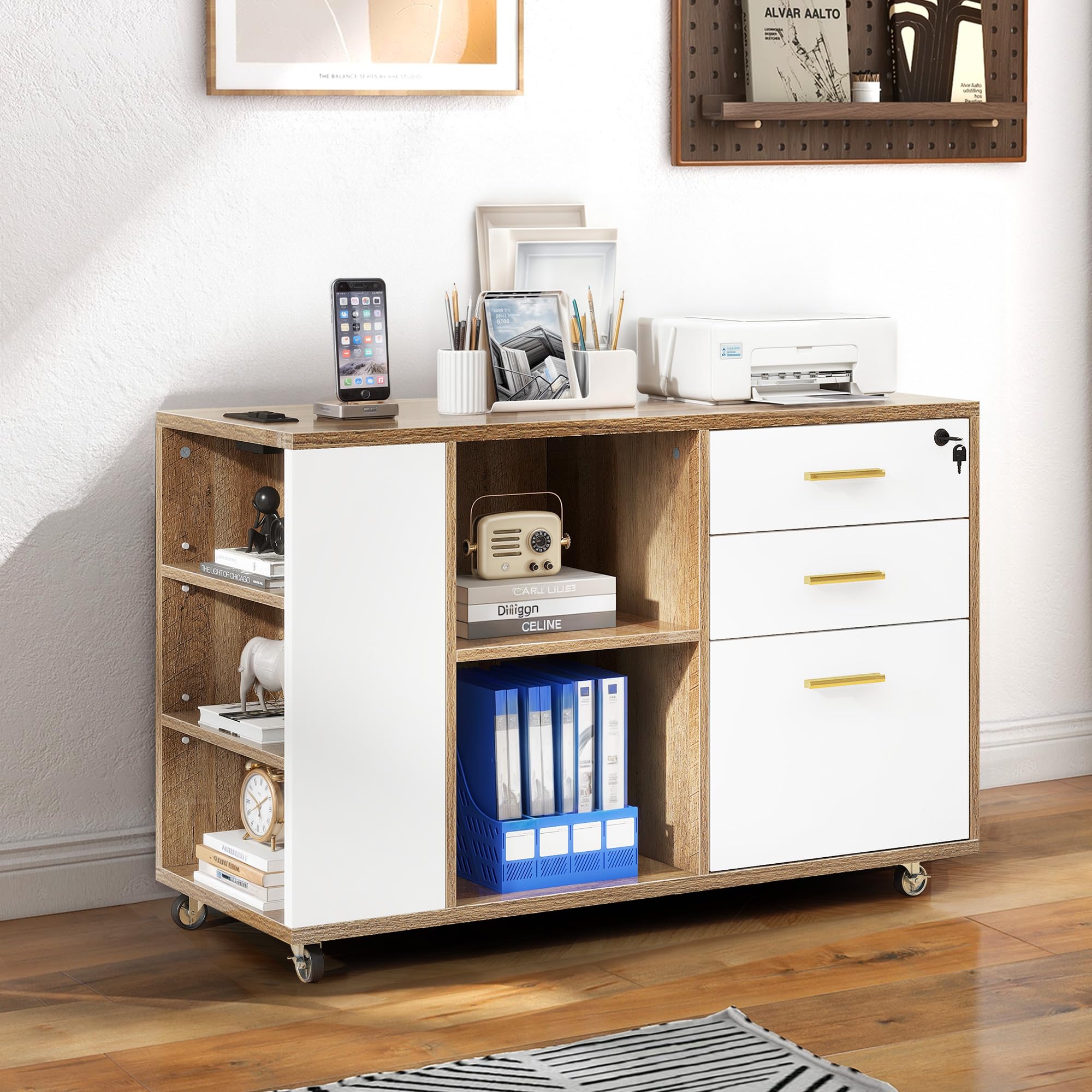 DWVO 3-Drawer File Cabinet with Lock - Mobile Office Storage Cabinet, Printer Stand with Charging Station - Grey Wash & White for Home Office Organization & Small Business Workspace
