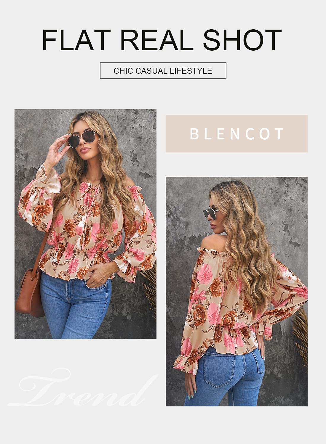 BLENCOT Women's Summer Off Shoulder Boho Blouse - Floral Chiffon Shirt with Ruffle Sleeves for Beach, Vacation & Date Night Outfits