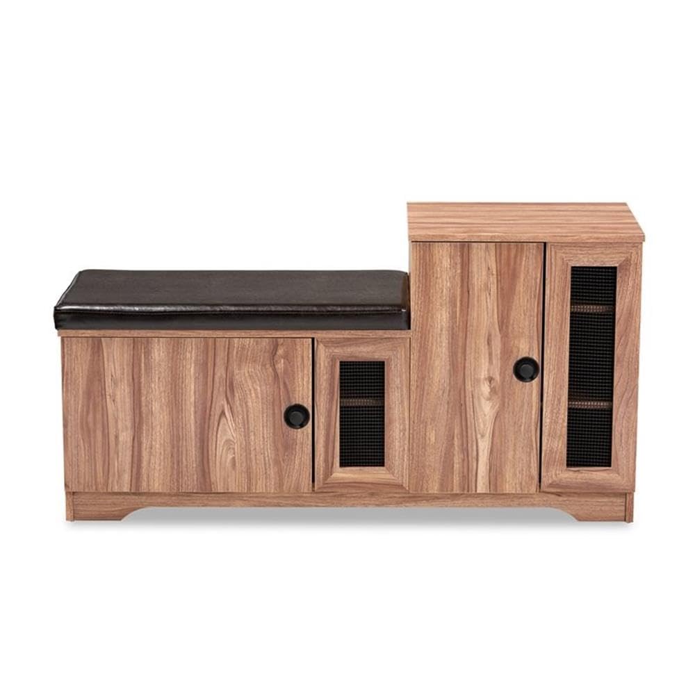 BOWERY HILL Brown Faux Leather 2-Door 5-Shelf Wooden Shoe Storage Bench with Seat - Organize Shoes, Hats & Accessories in Entryway, Bedroom or Closet