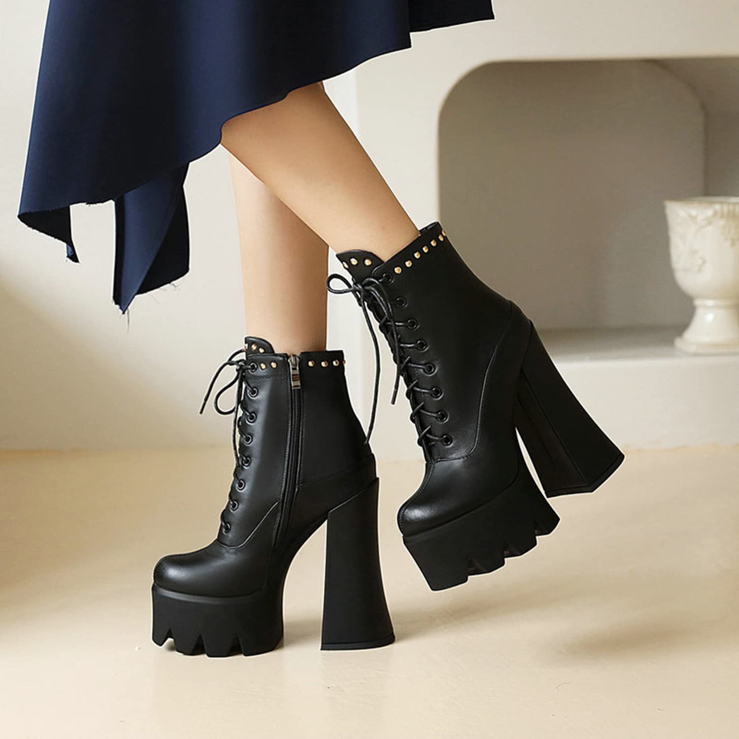 Women's Closed Toe Block High Heel Ankle Boots - Leather Motorcycle Biker Boots with Platform for Casual Wear | Perfect for Riding, Night Out & Street Style Fashion
