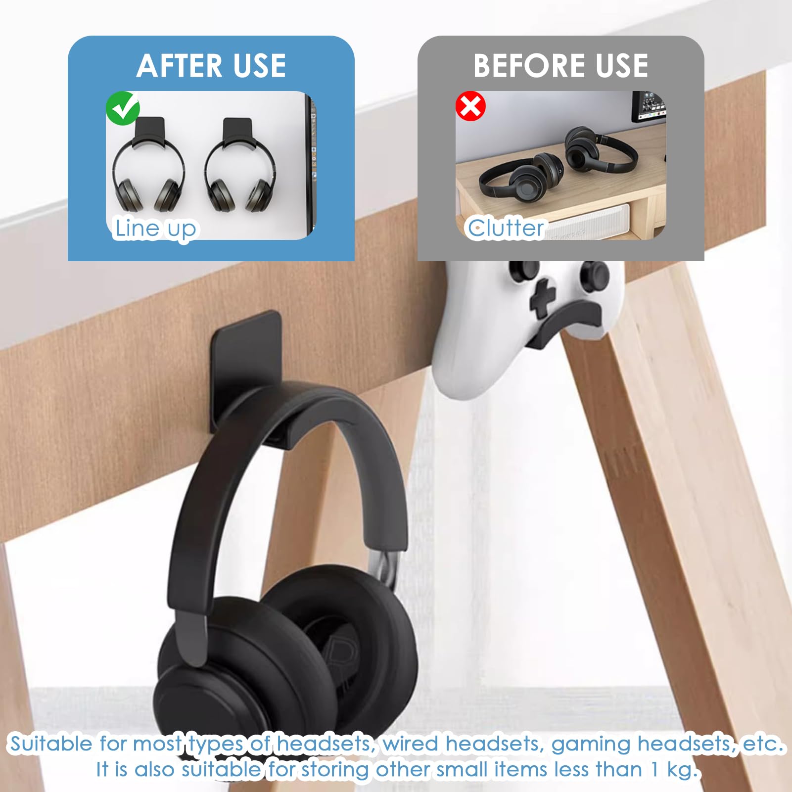 Premium 3M Adhesive Headphone Holder - Universal Hook for Gaming Headsets & Cables, Black - Perfect for Desk, Monitor & Wall Mounting to Organize Your Workspace or Gaming Setup