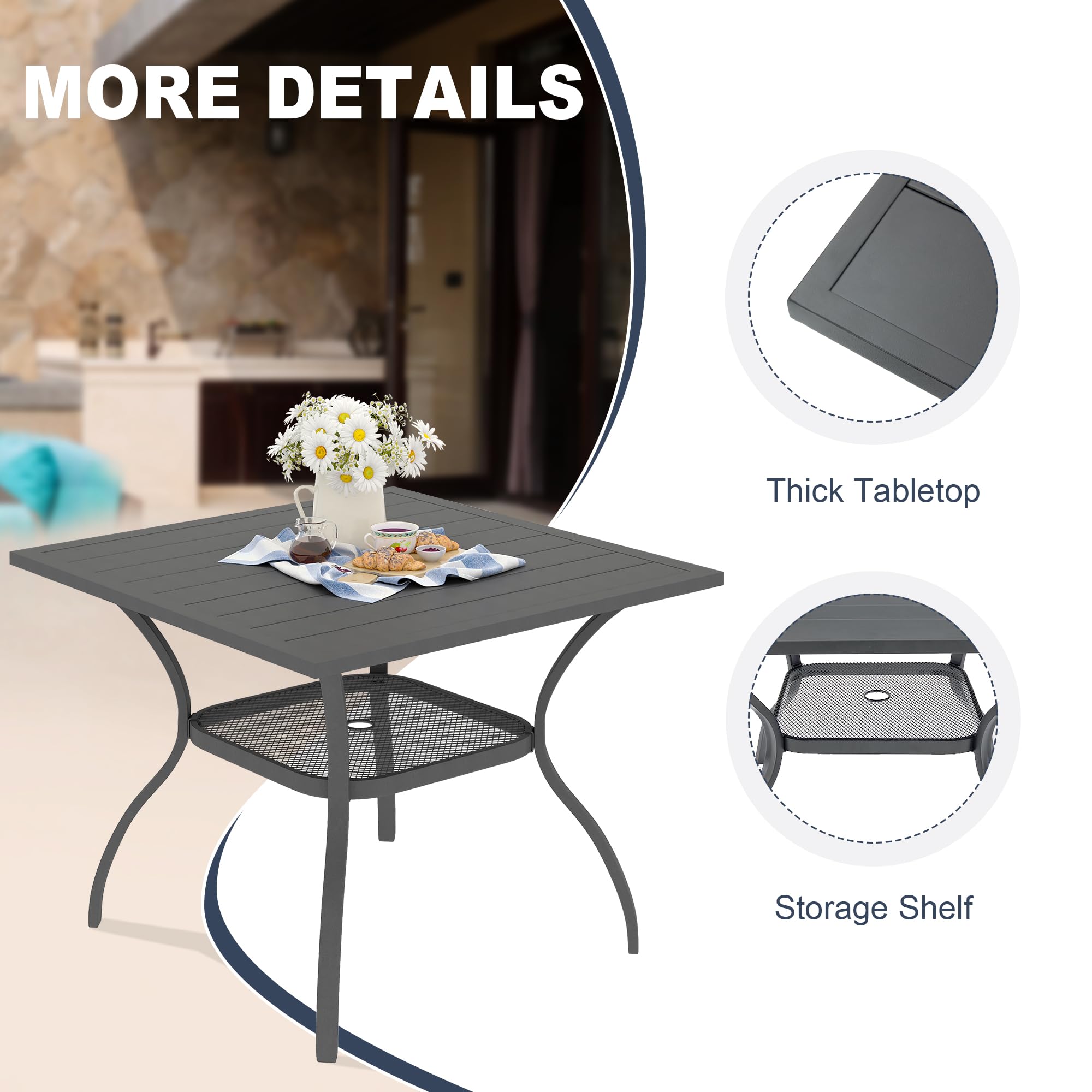 VICLLAX 4-Person Square Metal Outdoor Dining Table with Umbrella Hole & Storage Shelf - Patio, Garden, Lawn, Balcony, Deck Furniture - Dark Grey | Perfect for Backyard BBQs, Poolside Gatherings & Outdoor Entertaining