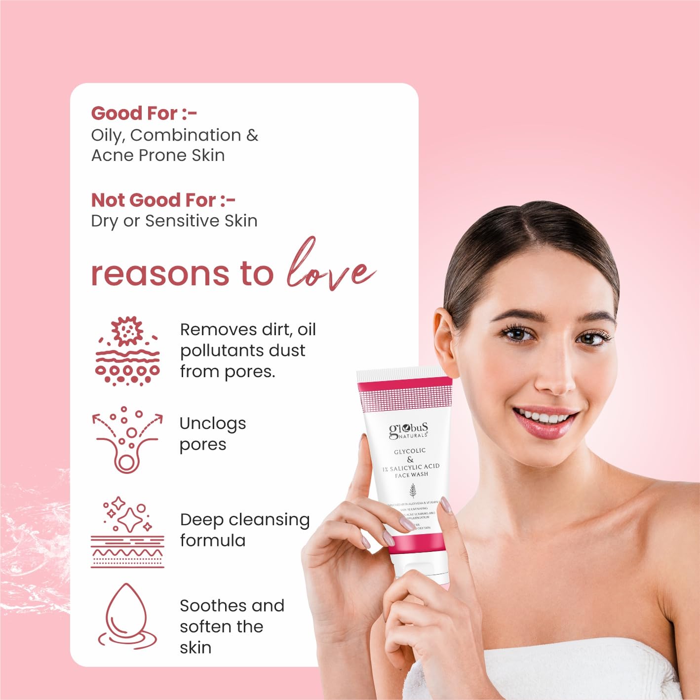 Globus Naturals Glycolic Acid 1% Salicylic Acid Anti Acne Face Gel - Herbal Formula with Licorice & Oats for Acne Treatment, Oil Control, Dark Spot Reduction - 100ml (Pack of 3) | Daily Skincare for Oily & Acne-Prone Skin