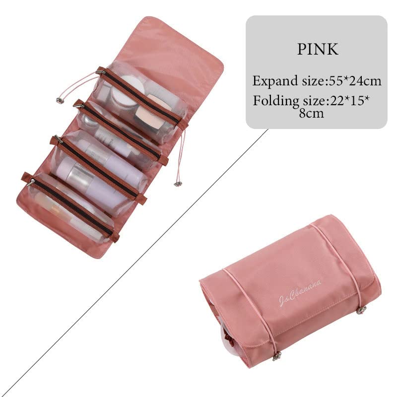 RRJ 4-in-1 Foldable Hanging Travel Makeup Bag - Waterproof Cosmetic Organizer with Multiple Pockets for Women & Girls (Pink) | Perfect for Vacation, Gym, Camping & Daily Use