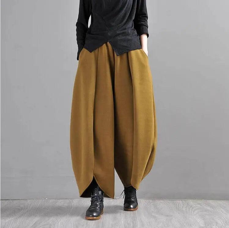 Stylish Mustard Green Wide Leg Wool Pants for Women - Comfortable Office Wear & Winter Travel Outfit - Perfect for Business Casual, Commuting and Cold Weather Fashion