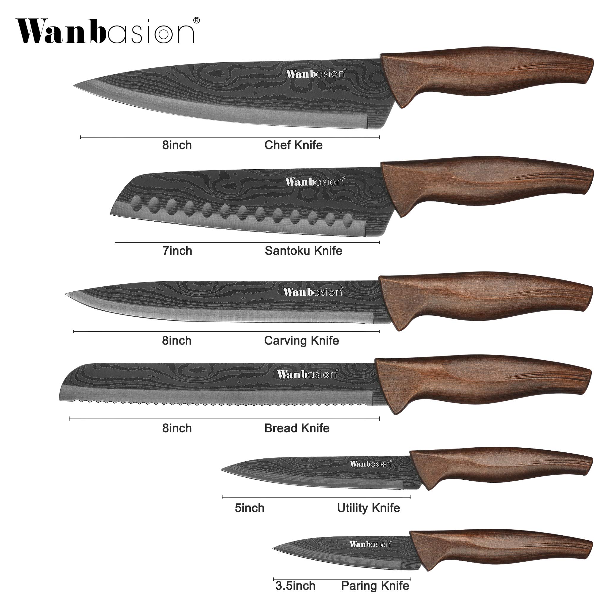 Wanbasion Matte Black Titanium Plated Stainless Steel Professional Chef Knife Set, Dishwasher Safe Damascus Style Kitchen Knives for Home Cooking and Gourmet Prep