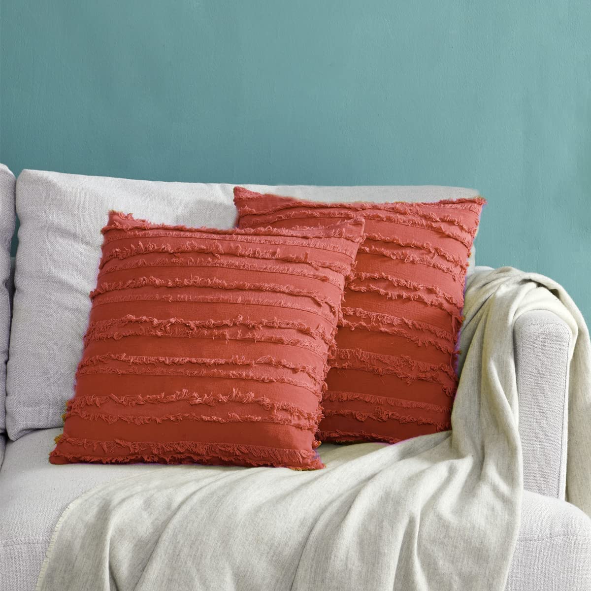 GIGIZAZA 16x16 Decorative Throw Pillow Covers - Coral Red Square Couch Pillow Covers, Cotton Boho Sofa Cushion Covers for Living Room, Bedroom & Outdoor Decor
