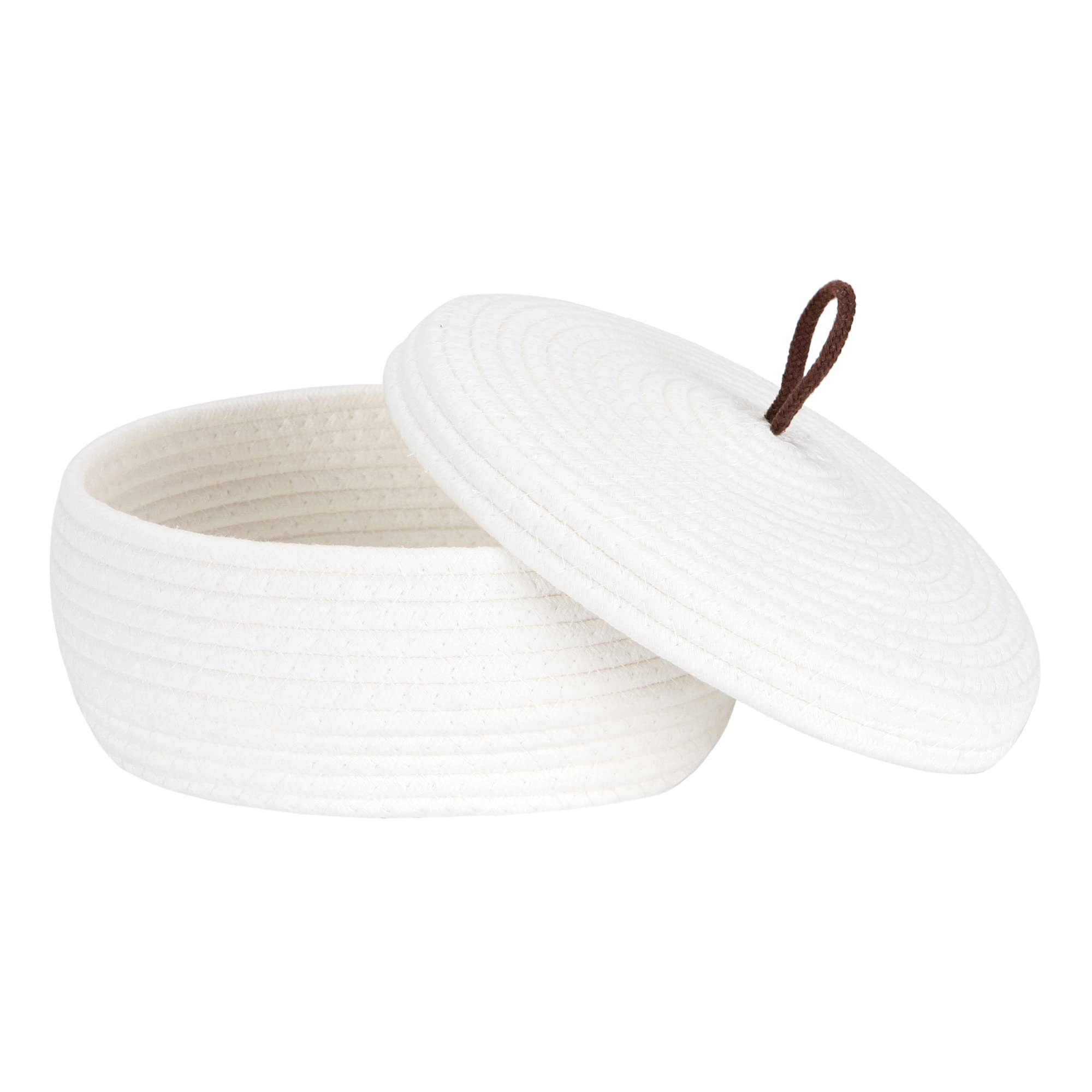 Sea Team Round Cotton Rope Storage Basket with Lid - Decorative Woven Organizer Bin for Home, Nursery & Office - Perfect for Snacks, Towels, Plants & Toys - 10 x 4.5 Inches (Small, Shallow, White) - Ideal for Shelves, Countertops & Bathroom Storage