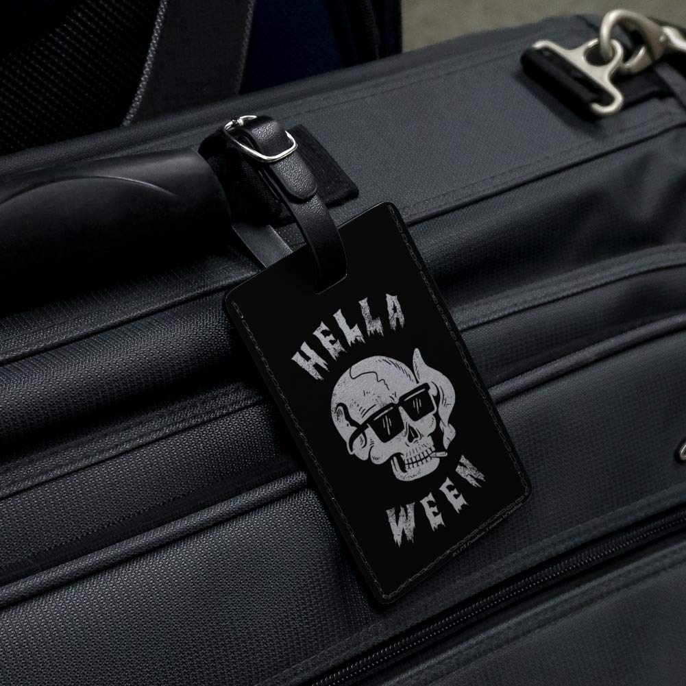 Halloween Skull Leather Luggage Tag - Gothic Rectangle ID Card Holder for Suitcases & Bags - Perfect for Halloween Travel & Spooky Themed Events