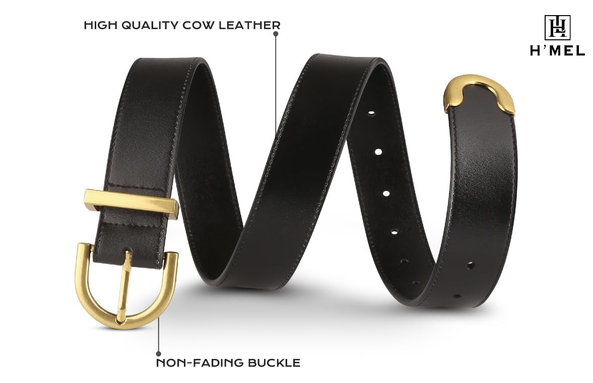 H'MEL Women's Fashion Leather Belts - Gold Metal Buckle for Jeans, Dress Pants | Black & Beige Waist Belts for Everyday Wear & Office Outfits