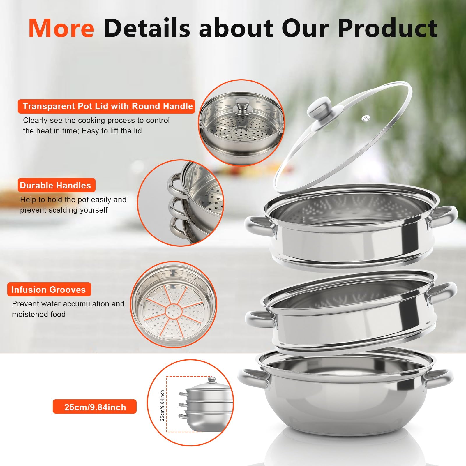 3-Tier Stainless Steel Steamer Pot with Explosion-Proof Glass Lid - 11 Inch Stackable Cookware Set for Induction, Gas & Electric Stoves - Perfect for Steaming Vegetables, Seafood and Dumplings at Home