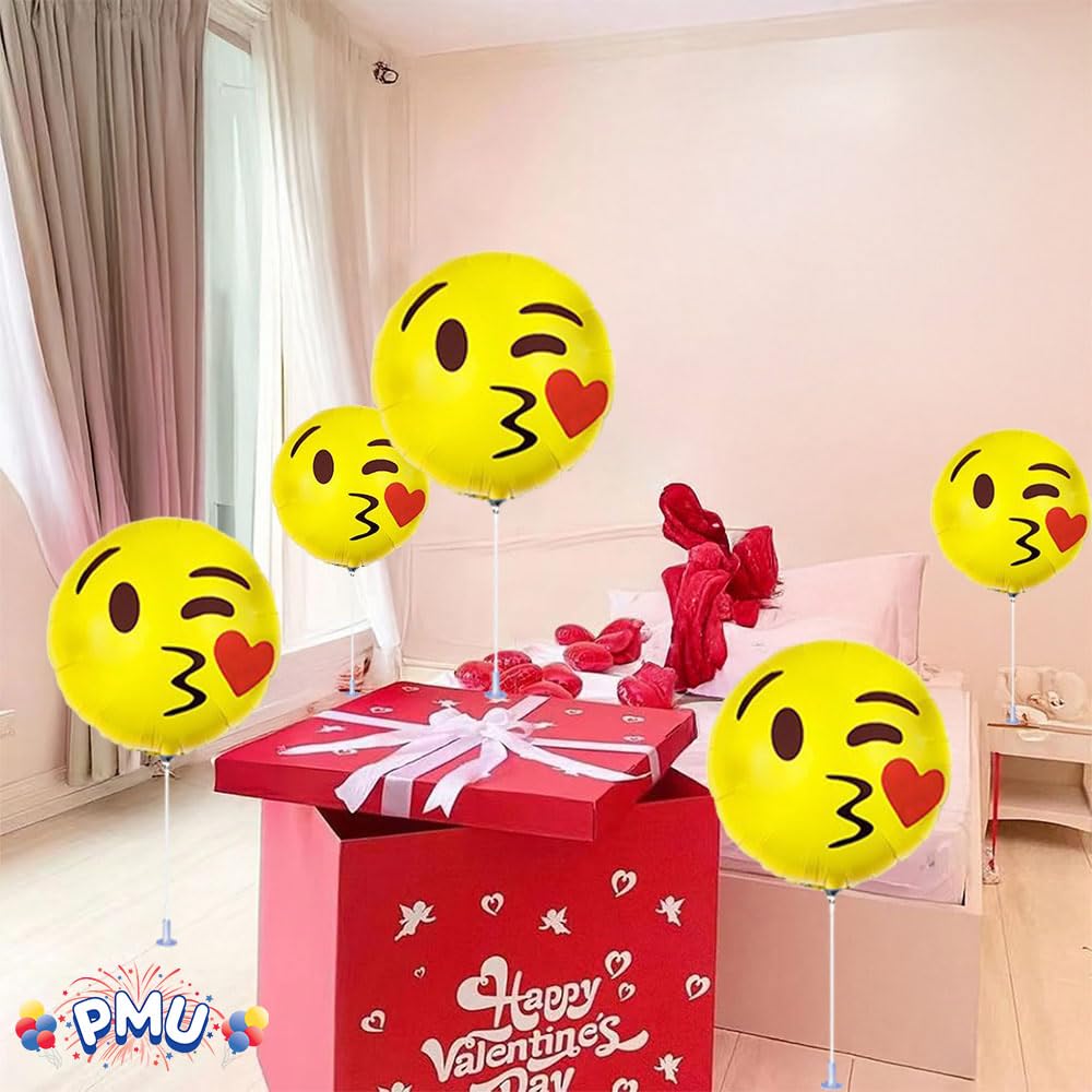 9 Inch PMU Emoji Balloons - Pre-Inflated with Sticks (Smile & Blowing Kiss Design) - 12 Pack - Perfect for Birthday Parties, Baby Showers & Wedding Decorations