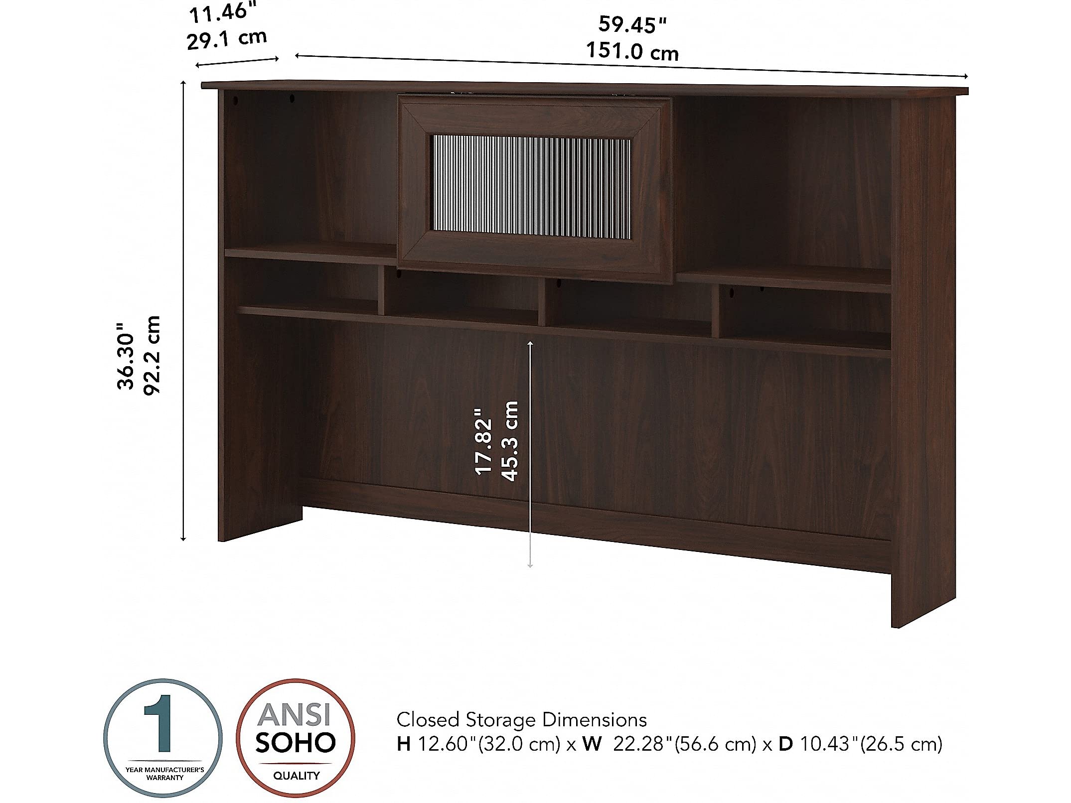Bush Furniture Cabot 60W Modern Walnut Desk Hutch with Storage Shelf - Perfect for Home Office, Study Room & Workspace Organization