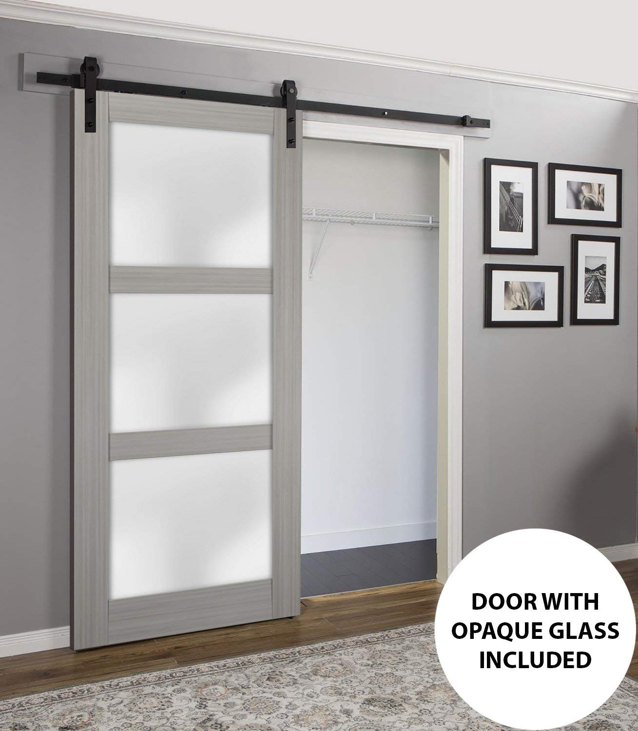 Lucia 2552 Grey Ash 28x96 Inch Frosted Glass Barn Door with 6.6FT Top Mount Rail & Heavy Duty Hangers - Solid Panel Interior Sliding Door for Bedroom, Closet or Farmhouse Style Home Decor
