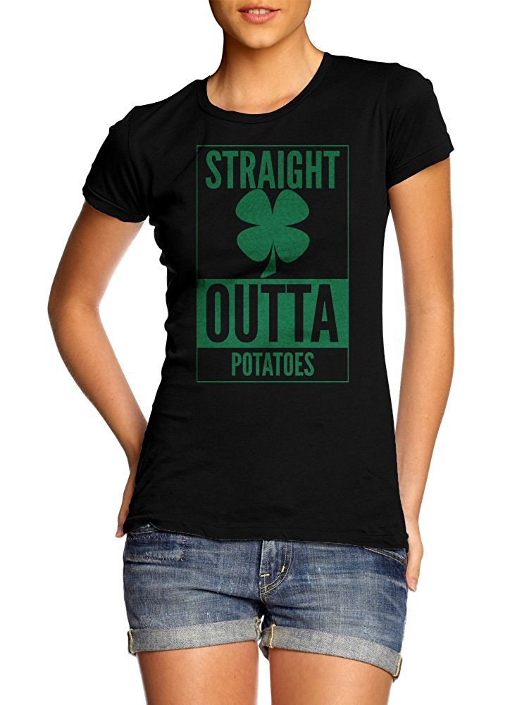 Straight Outta Potatoes Clover Irish T-Shirt for Women - White Girly Tee - St. Patrick's Day & Irish Pride Casual Wear