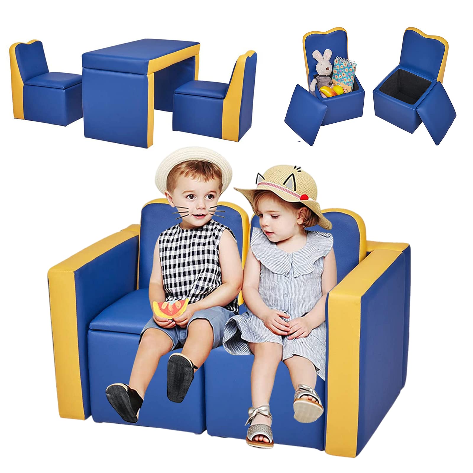 Kinfant 2-in-1 Kids Convertible Sofa to Table & Chairs - Toddler Lounge Furniture with Wooden Frame, PVC Surface & Storage Space (Blue) - Perfect for Playroom, Nursery & Preschool Learning Activities