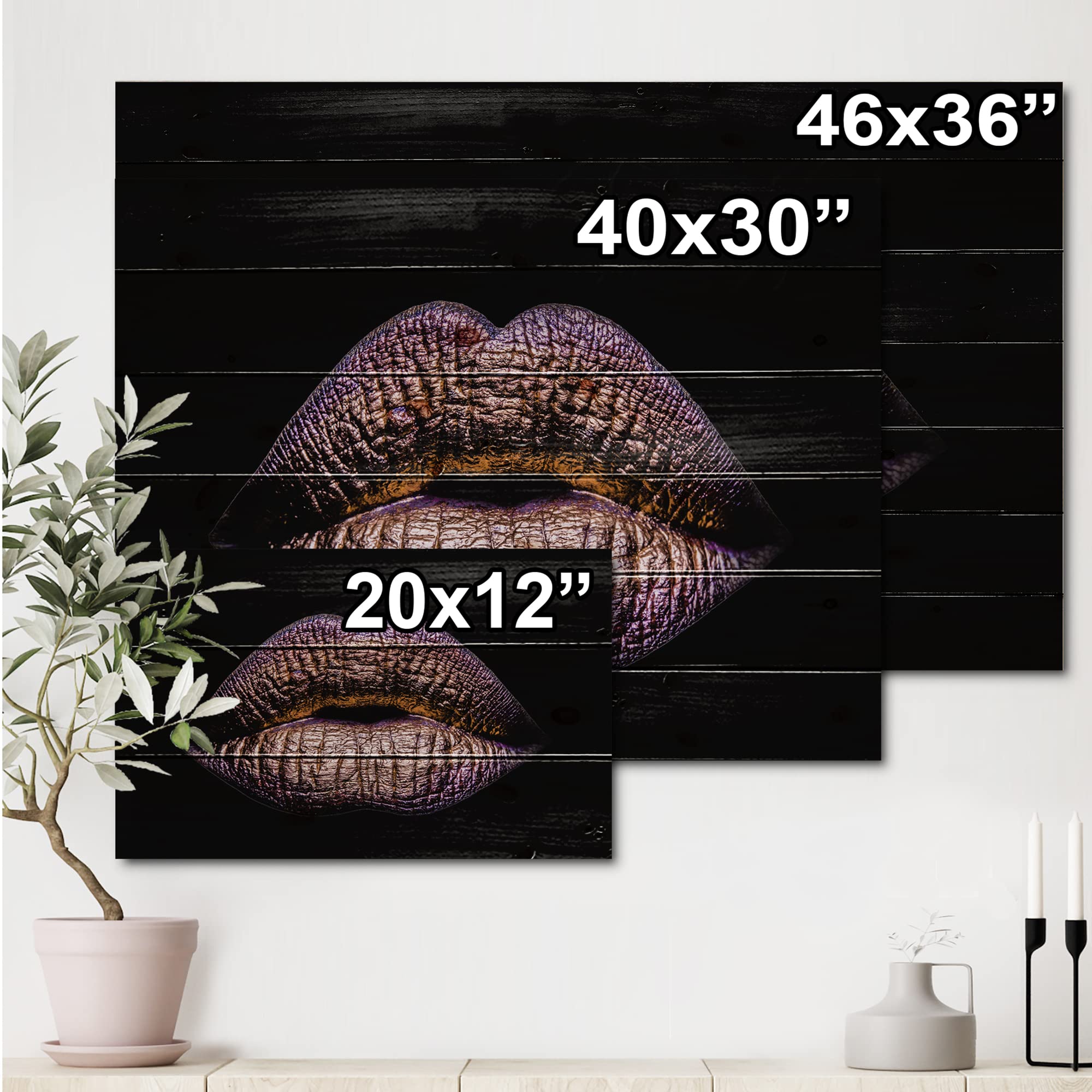 Golden Lips Wood Wall Art - Modern Purple Pine Decor for Living Room