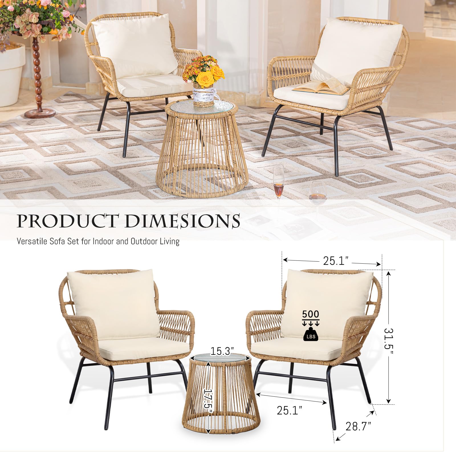BULEXYARD 3-Piece Boho Outdoor Patio Furniture Set with Round Coffee Table - Natural Wicker Conversation Chairs with Beige Cushions for Backyard, Porch, Balcony & Deck | Perfect for Relaxing, Entertaining & Outdoor Gatherings