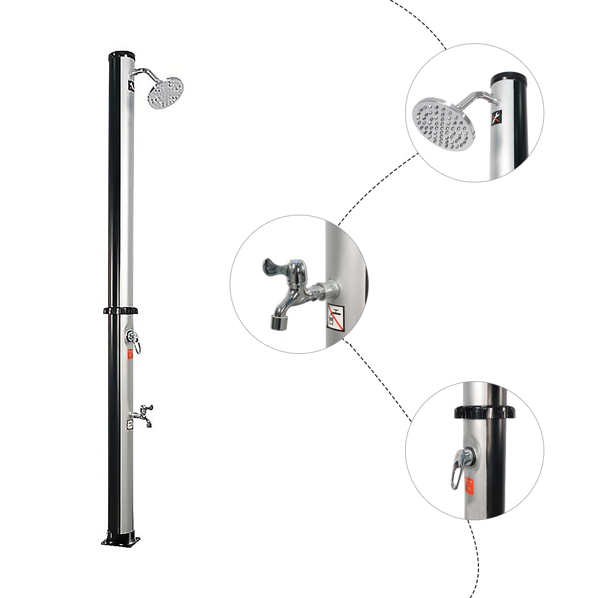 5.3/9.3 Gallon Solar Outdoor Shower with Heated Shower Head & Foot Tap - Portable Garden, Backyard, Poolside, Beach, Spa Shower for Camping, RV, and Outdoor Activities - Silver 9.3 Gallon