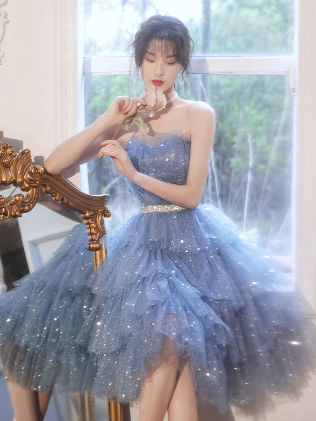 Elegant Blue Tulle Sequin Short Prom Dress - Sparkly Puffy Homecoming Party Gown for Teens | Perfect for Prom Night, Homecoming Dance, Sweet 16 & Special Occasions