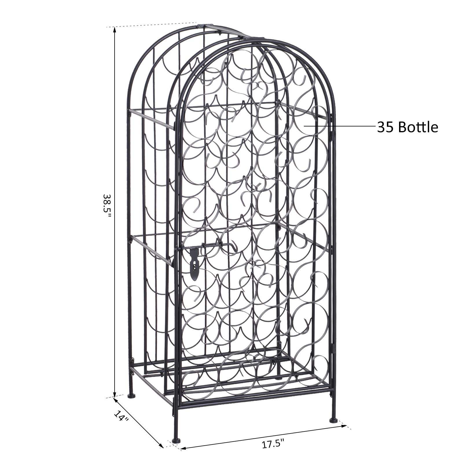 HOMCOM 35 Bottle Black Wrought Iron Wine Rack Cabinet with Lock - Freestanding Wine Storage for Home, Bar, Restaurant, or Cellar Organization