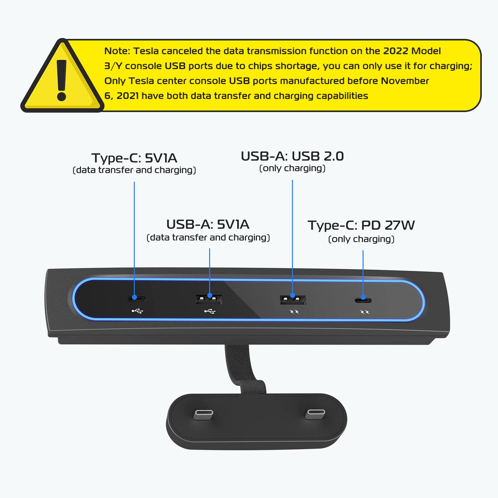 Tesla Model 3/Y USB Charger Hub - Multi Port Car Adapter with Blue LED | Perfect Fit for Center Console | Fast Phone Charging on Road Trips
