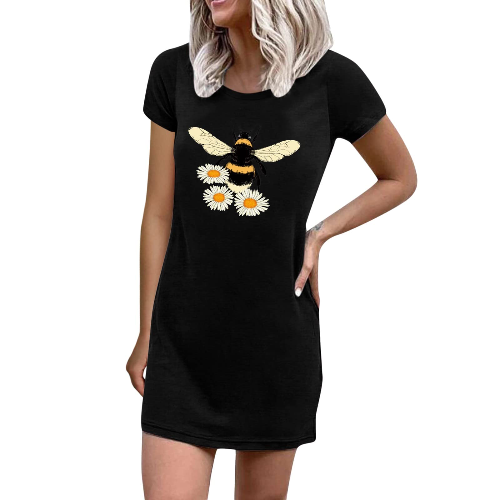 Women's Summer Dresses - Bee Print Crew Neck Short Sleeve Loose Swing Tunic Dress | Casual Beach Wear, Outdoor Picnic & Vacation Outfit