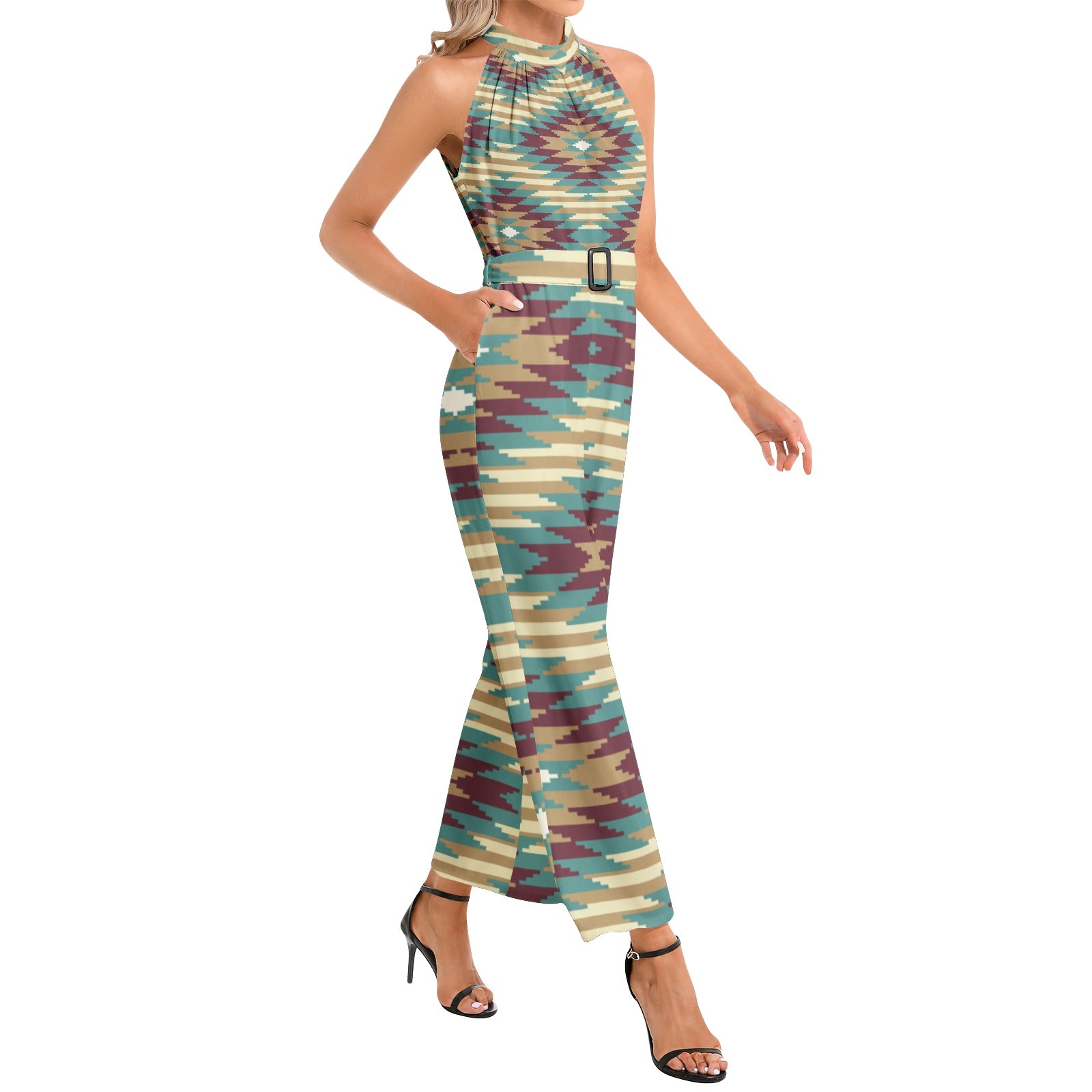 Women's Halter Neck Buckle Belted Jumpsuit - Stylish One-Piece Romper for Summer Outfits, Beach Wear & Casual Occasions