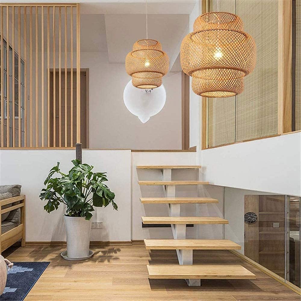 Modern Chinese Style Bamboo Hanging Lamp - Hand-Woven Art Lantern Chandelier with Bamboo Wicker Lampshade E27 Socket - Perfect for Living Room, LOFT, Bedroom & Dining Room Lighting Decor