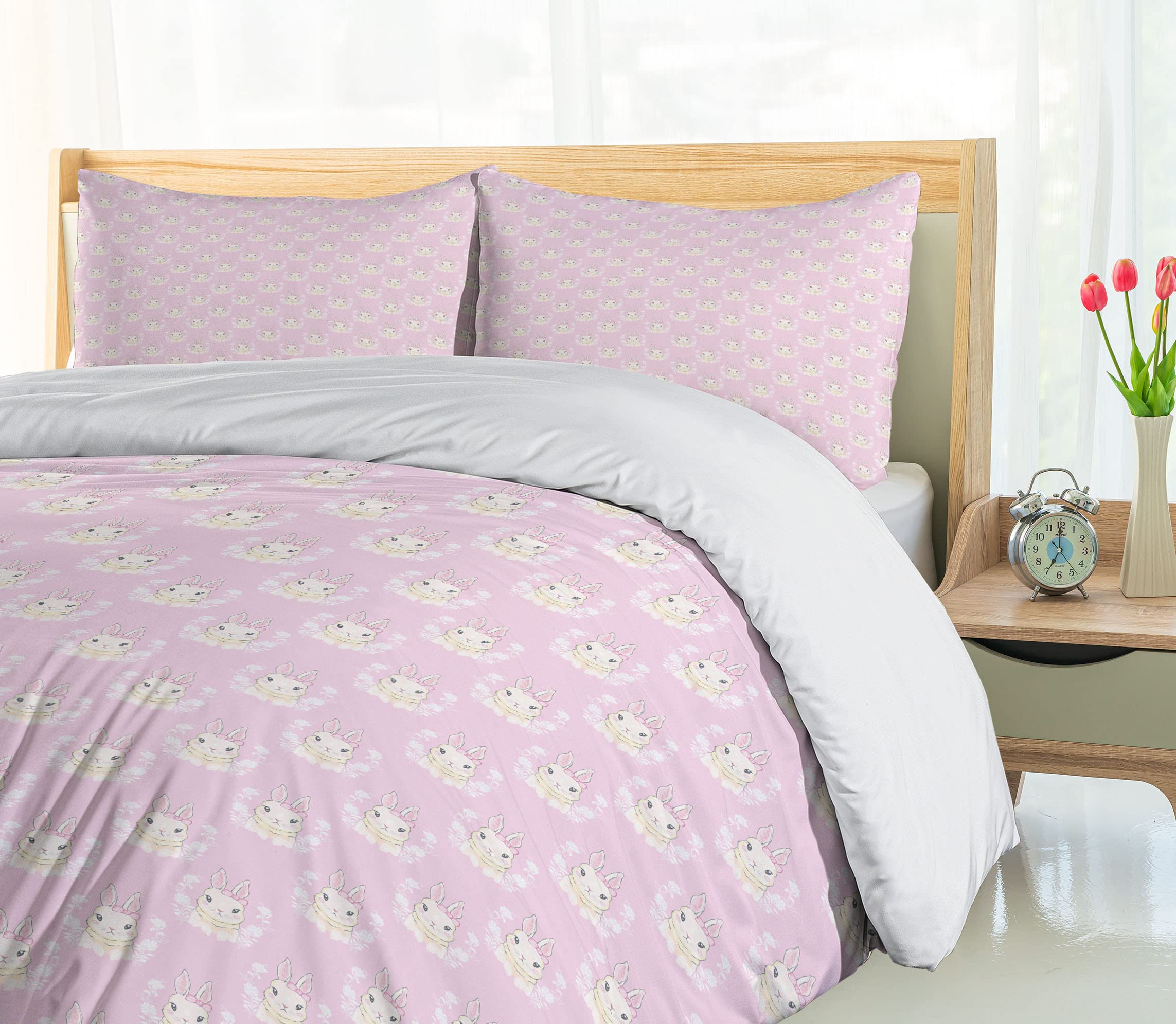 Ambesonne Easter Bunny Duvet Cover Set - Floral Spring Rabbit with Ribbons Design in Soft Pink Tones, 3-Piece Queen Size Bedding Set with 2 Pillow Shams (Rose Champagne) | Perfect for Spring Decor, Easter Gift, and Cozy Bedroom Makeover