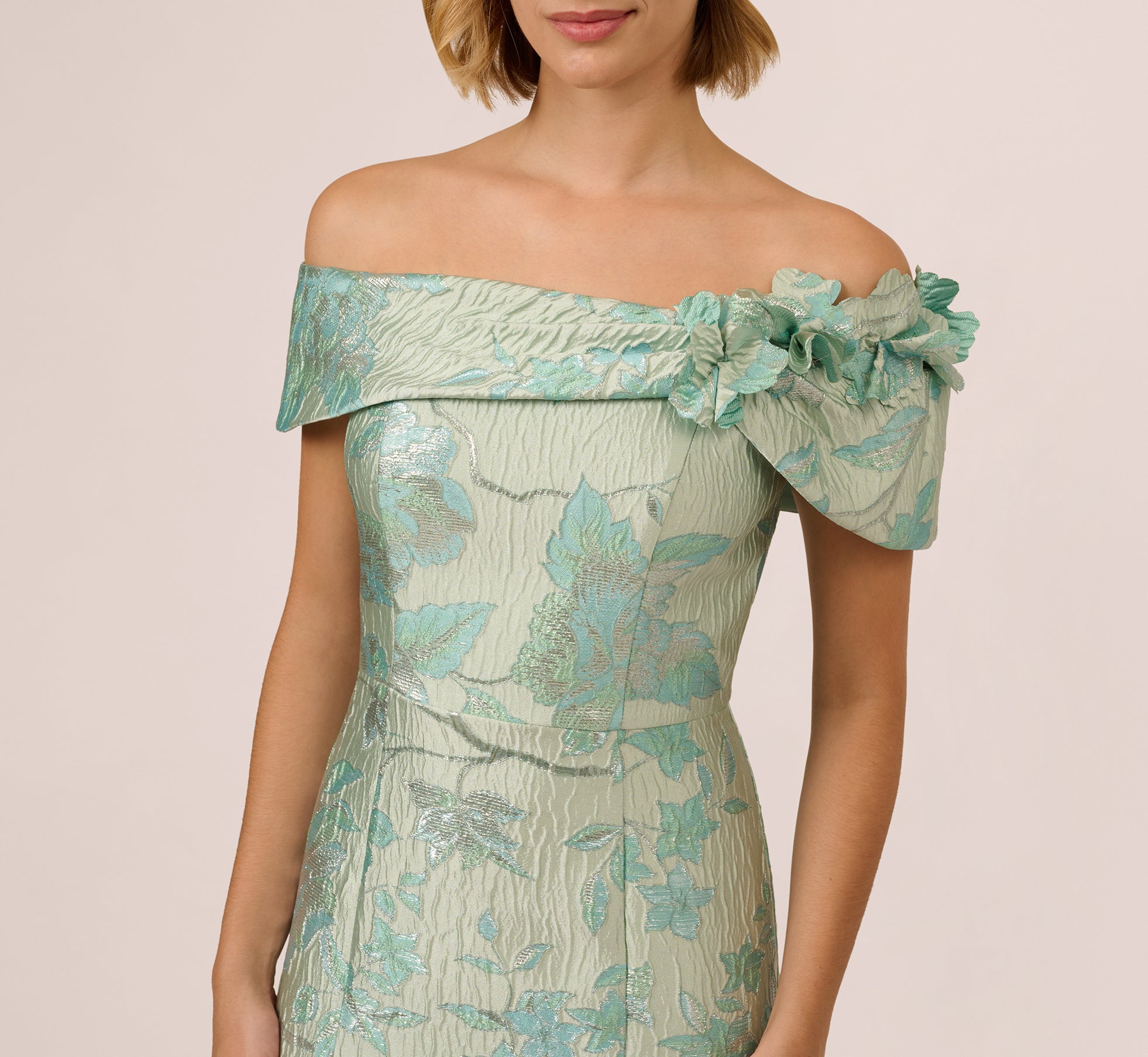 Elegant Off Shoulder Floral Jacquard Mermaid Gown in Icy Sage - Perfect for Weddings, Prom & Formal Events