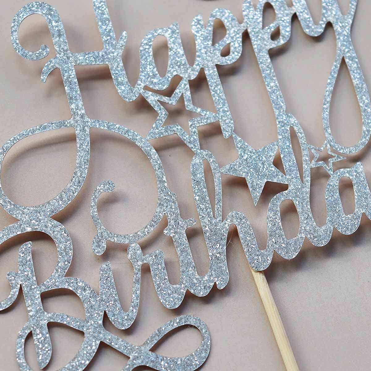 Silver Glitter Happy Birthday Cake Topper - Elegant Party Decor for Birthday Cakes, Wedding, Anniversary & Special Celebrations