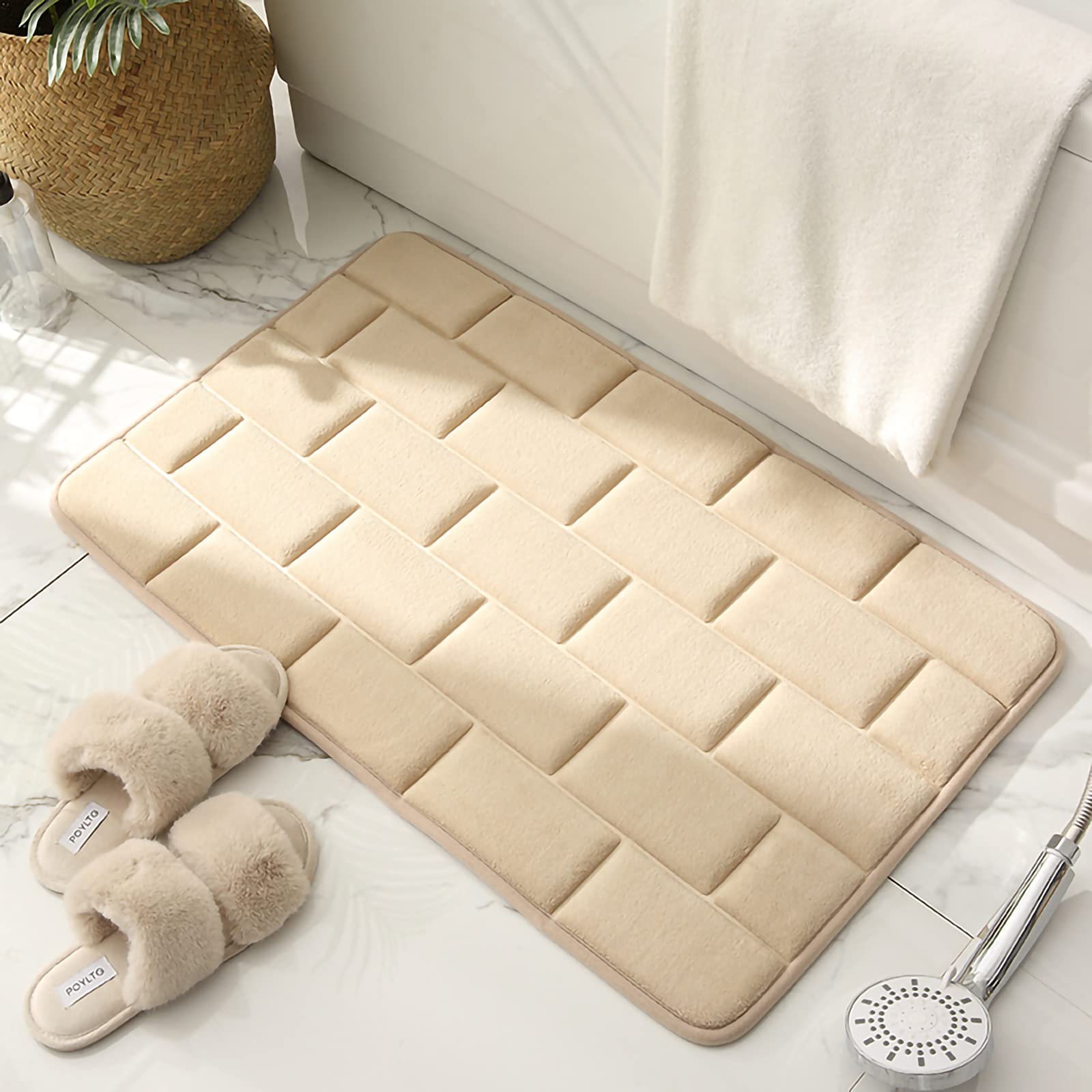 Eanpet Beige Non-Slip Memory Foam Bath Mat - Super Absorbent Bathroom Rug, Machine Washable Shower Mat (20