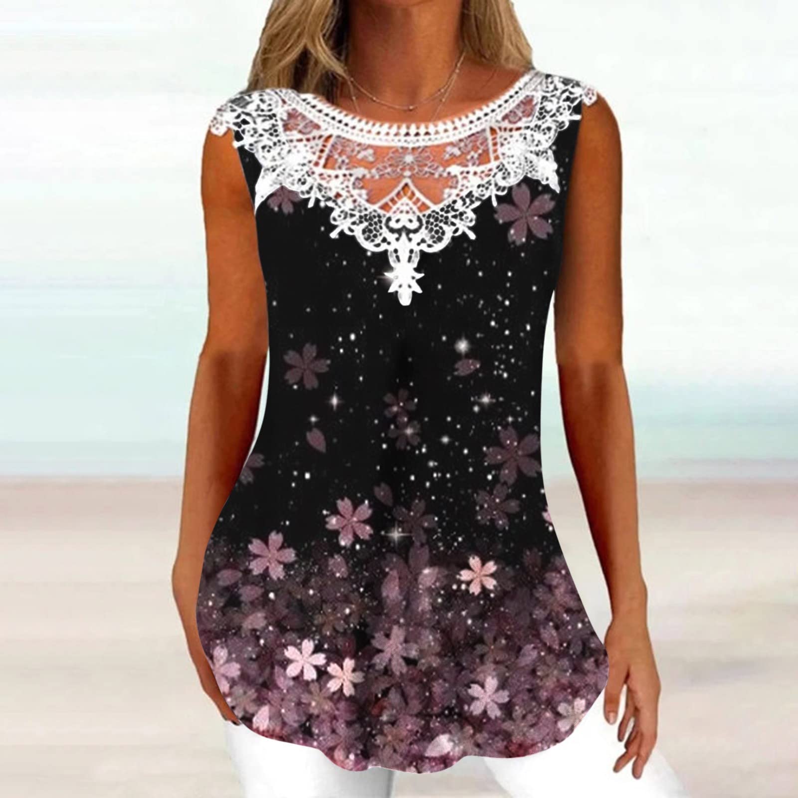 Oelaio Women's Loose Fit Lace Summer Tank Top - Scoop Neck Sleeveless Hollow Out Tunic with Trendy Printed Curved Purple Design | Perfect for Beach Outfits, Casual Wear & Summer Vacation