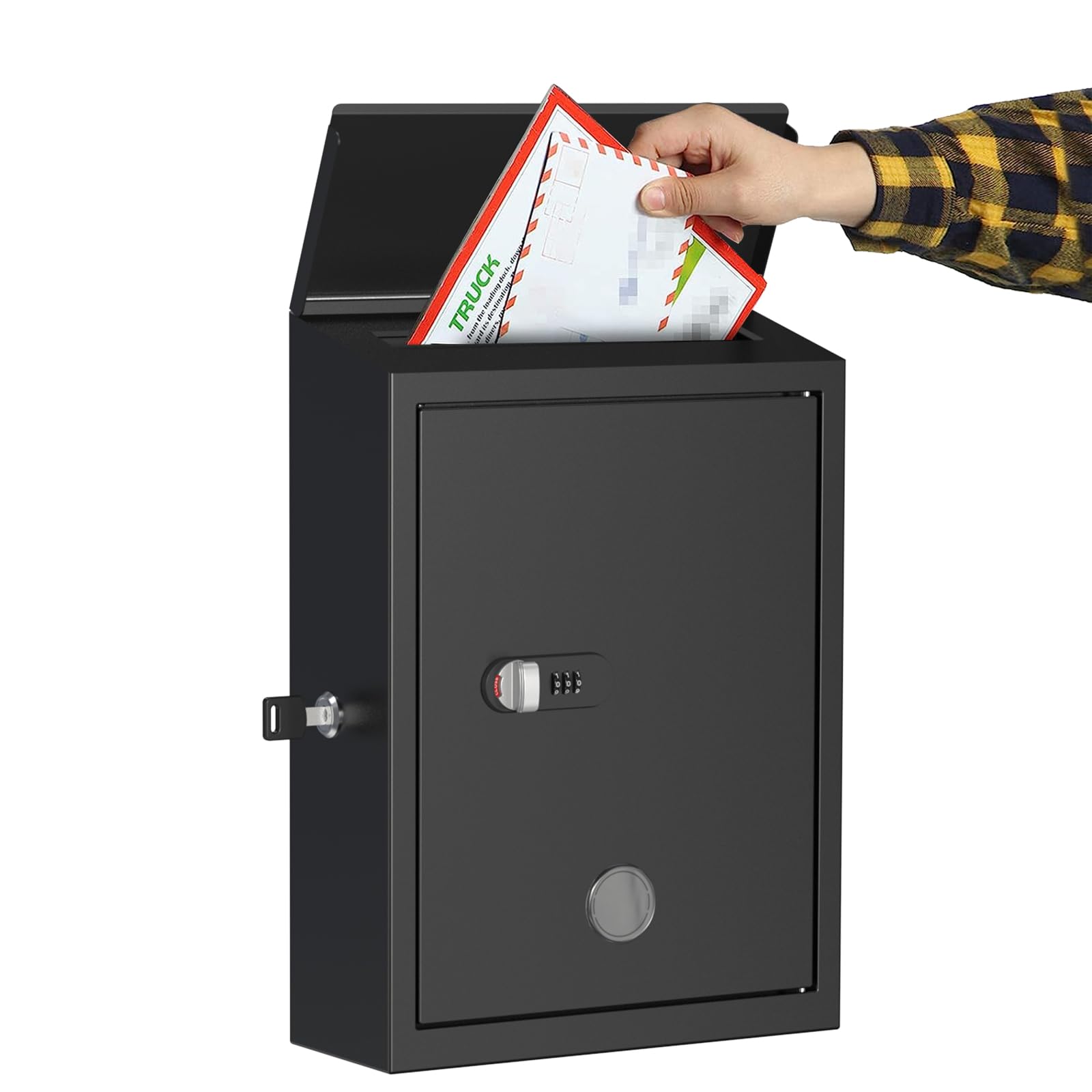 **Black Metal Mailbox with Combination & Key Lock - Large Capacity 14x4x10in, Weatherproof Wall Mount Locking Post Box for House, Business Key Drop & Suggestion Box - Perfect for Secure Mail Delivery & Package Drop-Off**