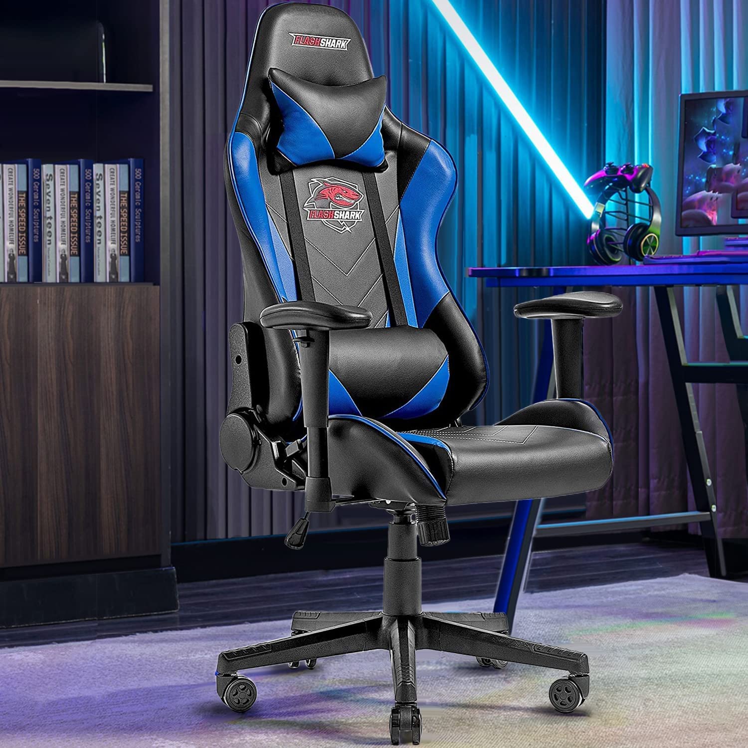 Flashshark Ergonomic Gaming Chair - Racing Style Office Computer Chair with Adjustable Height, Swivel & Lumbar Support - Blue Video Game Chair for Home & Office Use - Perfect for Esports, Streaming & Long Work Sessions