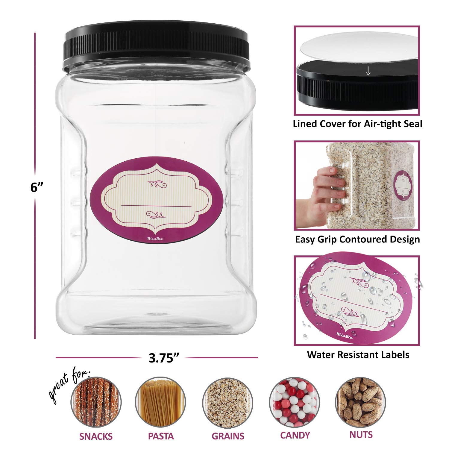 DilaBee 64 Oz Clear Plastic Storage Jars with Lids - 3 Pack Half Gallon Square Food Containers for Candy, Cookies, Paint, Laundry Pods - BPA-Free Airtight Canisters with Pinch Grip Handles - Perfect for Pantry Organization, Baking Supplies & Craft Storage