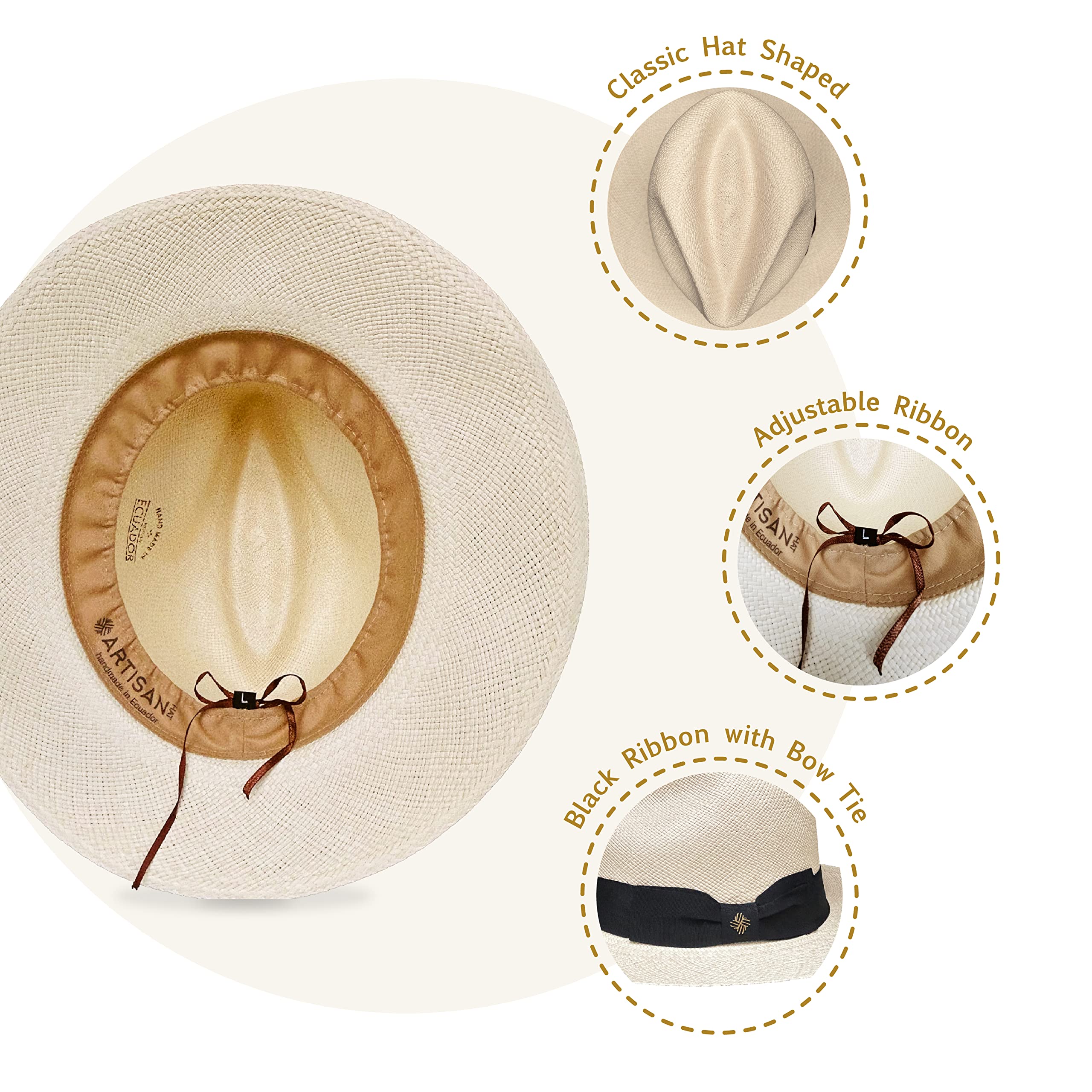 Genuine Panama Hat for Men - Premium Montecristi Straw Fedora with Adjustable Ribbon | Lightweight, UV Protection, Handmade in Ecuador | Perfect for Beach, Travel & Summer Outfits (X-Large, Beige)