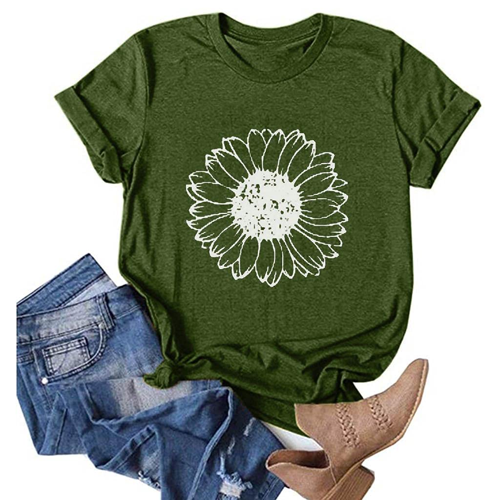 Women's Short Sleeve T-Shirt - Cute Sunflower Print Summer Graphic Tee for Juniors | Casual Comfort Top for Beach, Picnic & Everyday Wear