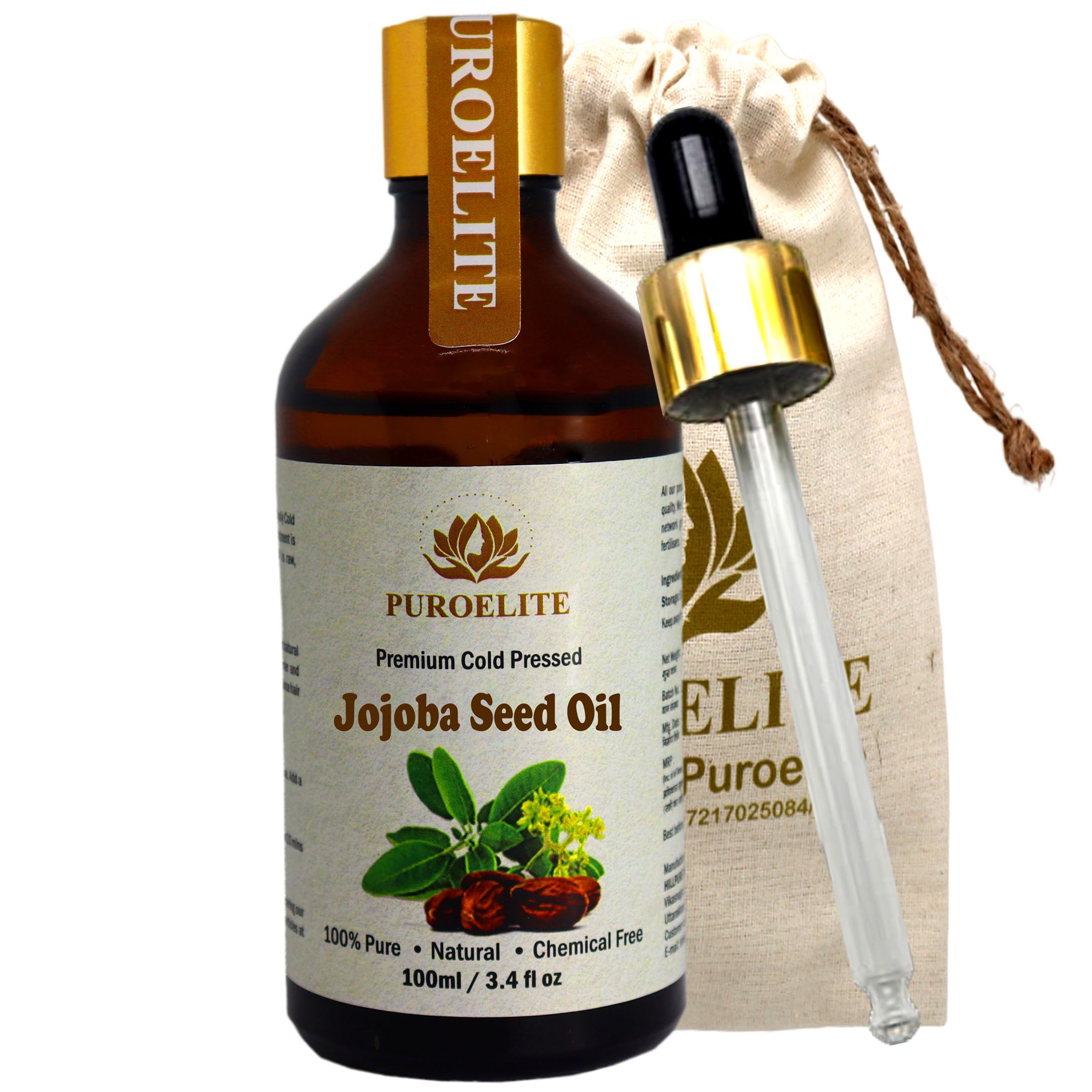 Puroelite Premium Cold Pressed Jojoba Seed Oil - 100% Pure & Natural for Face, Hair & Body Care - Glass Bottle with Dropper (100ml) - Ideal for Moisturizing, Hair Growth & Skin Hydration