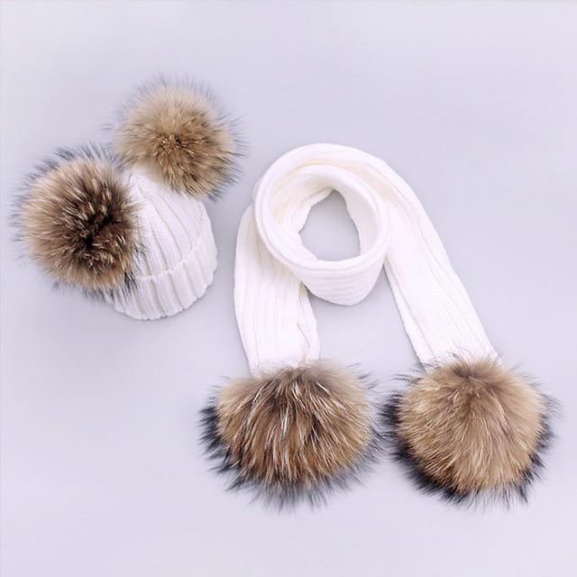 Women's & Kids' Winter Hat and Scarf Set with Real Fur Pompom - Warm Knit Beanie & Neck Warmer for Cold Weather, Snow Activities, and Outdoor Adventures