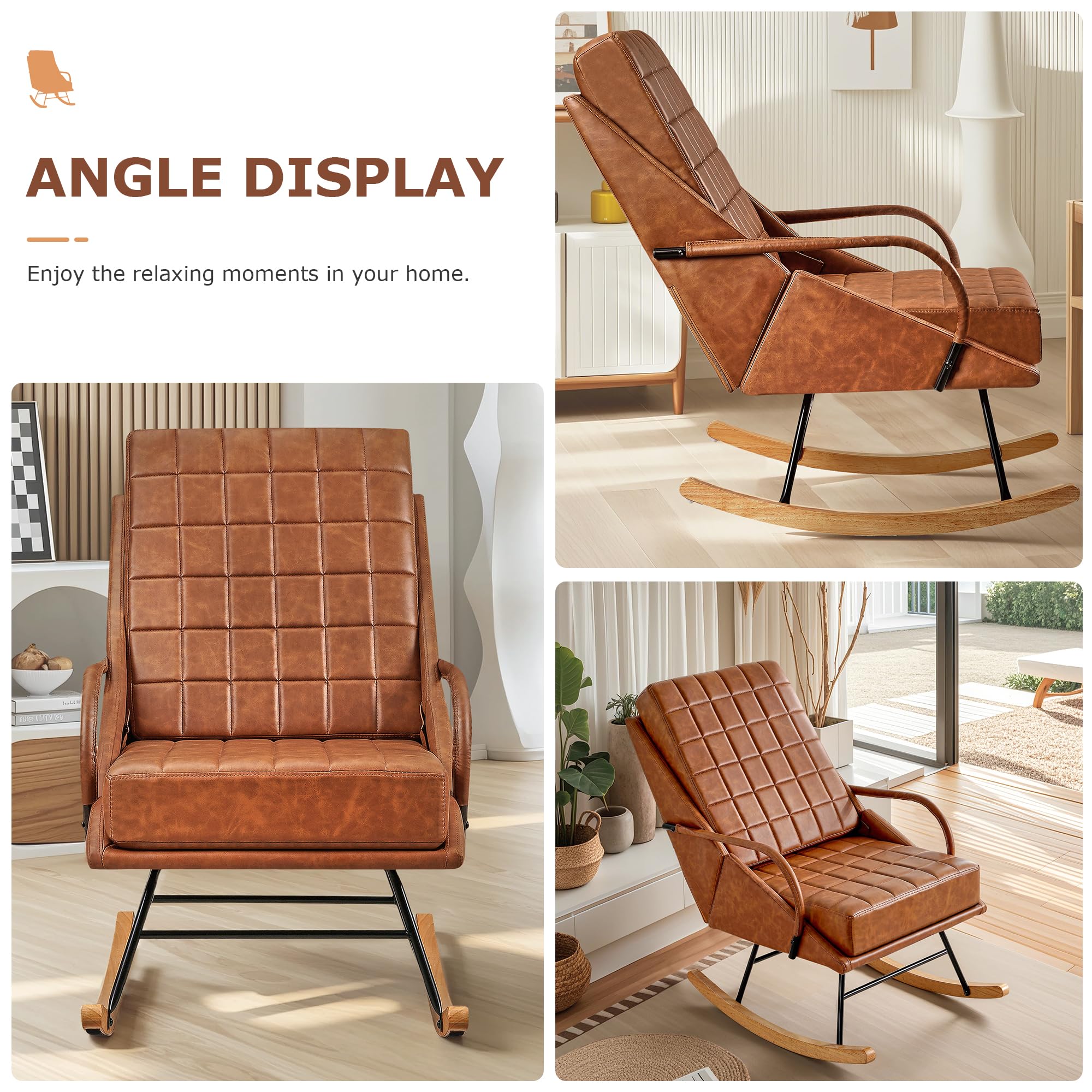 VECELO Leather Glider Rocking Chair with High Backrest - Nursery, Living Room, Bedroom & Balcony Upholstered Rocker in Brown | Perfect for Nursing, Relaxing & Reading